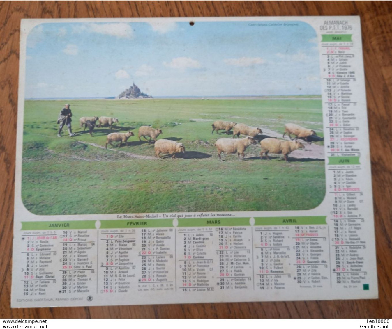 1976 Calendrier Du Département De L'Aube - Le Mont Saint Michel, Moutons, Berger, Marais Poitevin, Vache Dans Une Barque - Grossformat : 1971-80