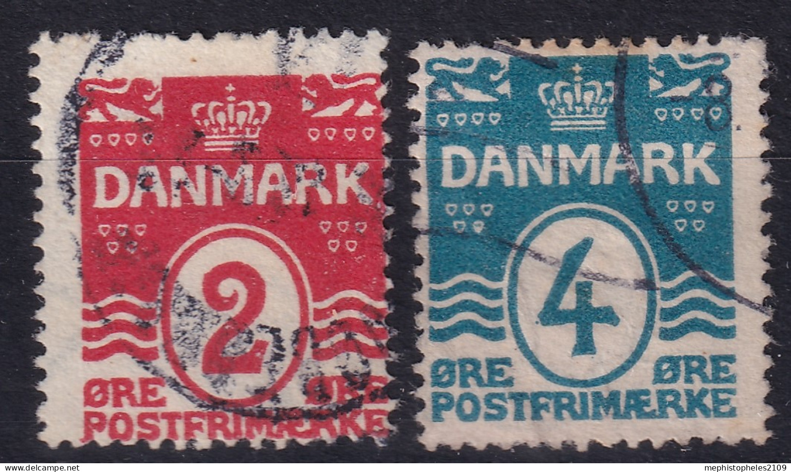 DENMARK 1917 - Canceled - Sc# 58a, 60a - Perf. 14:14 1/2 - Used Stamps