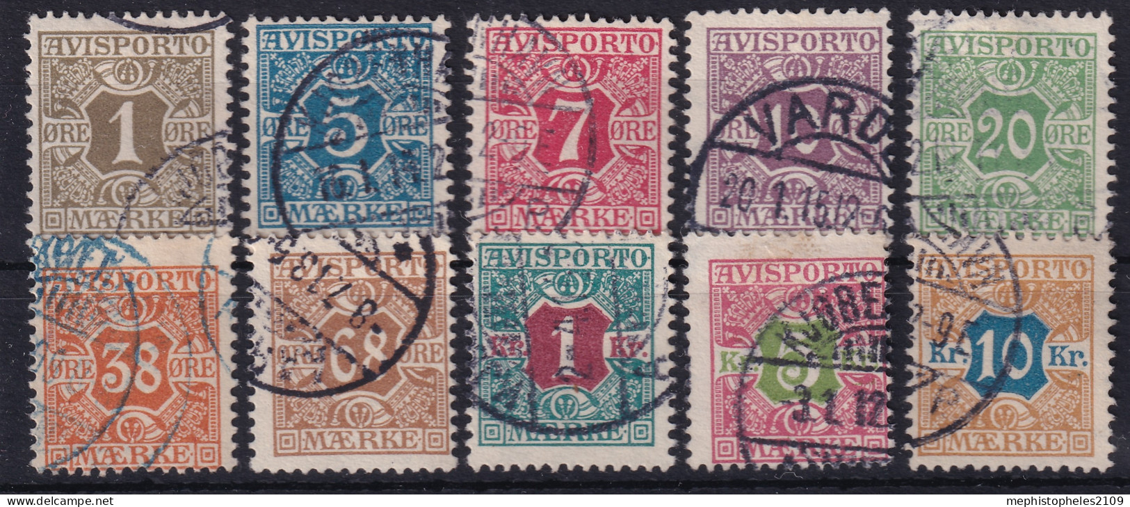 DENMARK 1907 - Canceled - Sc# P1-P10 - Newspaper Stamps - Complete Set! - Portomarken