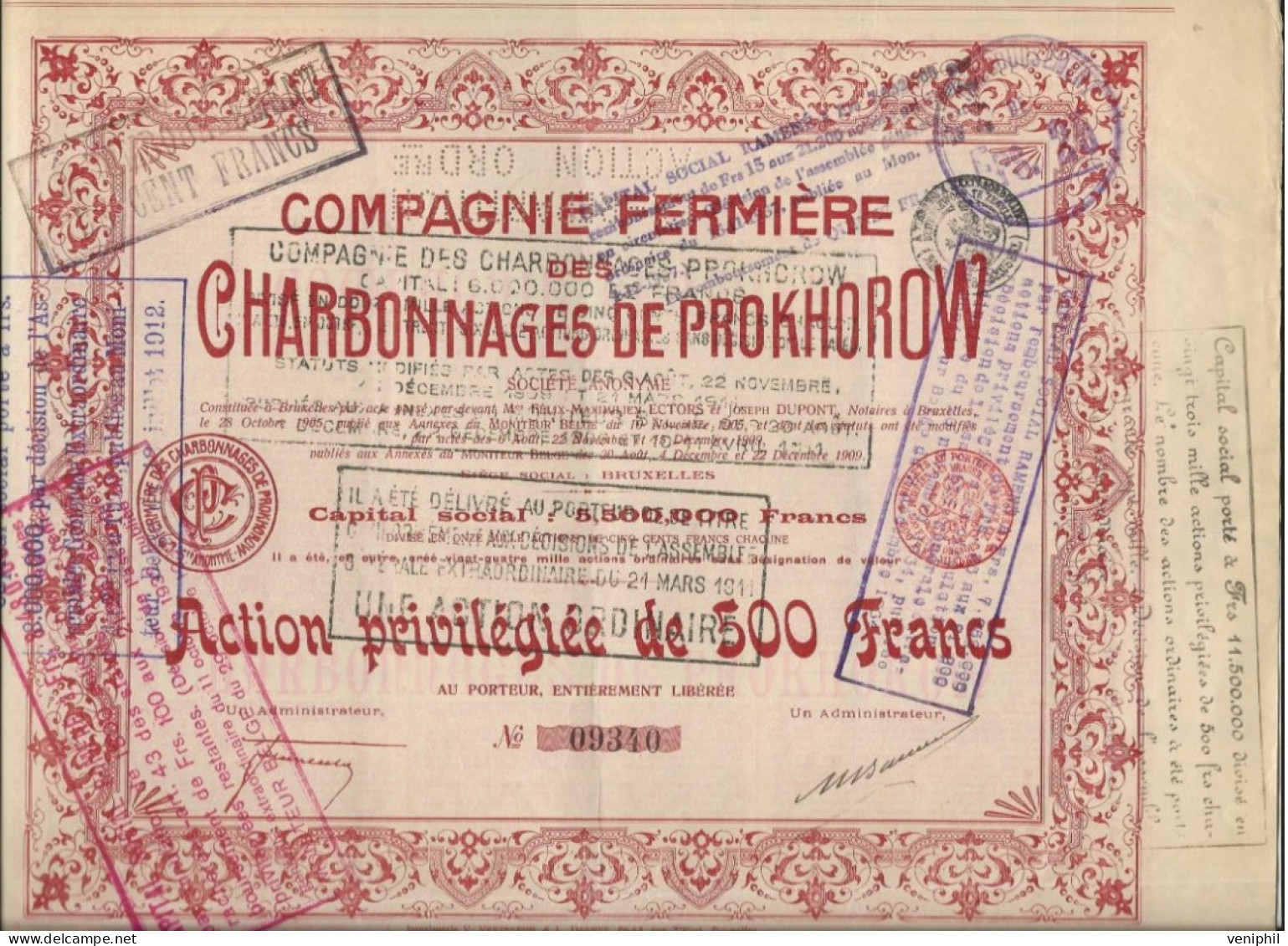 COMPAGNIE FERMIERE  DES CHARBONNAGES DE PROKHOROW -ACTION DE 500 FRS -1911 - Bergbau