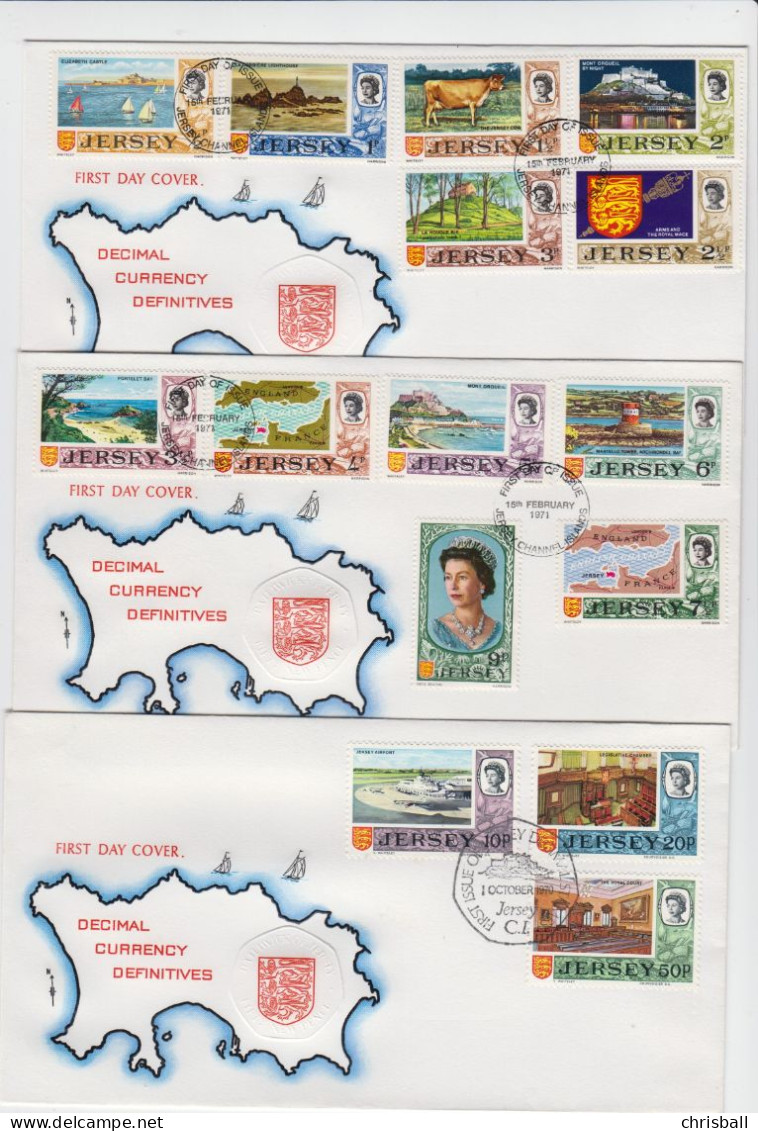 Jersey 1970 & 1971 Decimal Complete Set On 3 Mercury FDC Commemorative 50p Cachet - Jersey