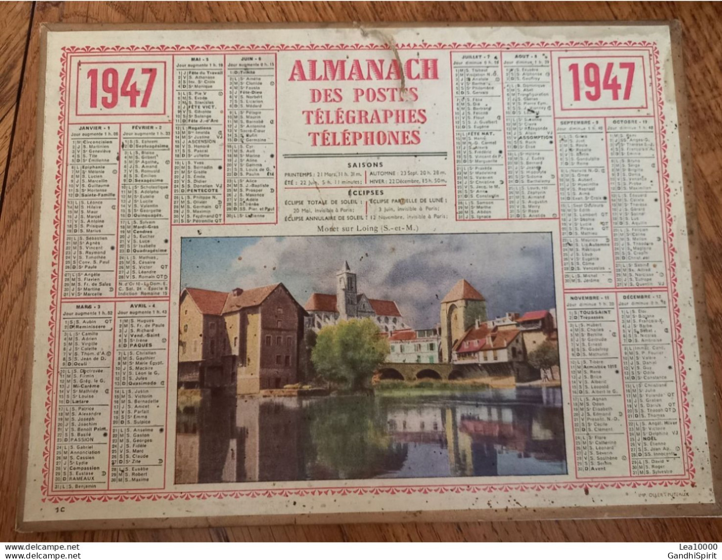 1947 Calendrier Du Département De L'Aube - Moret Sur Loing (Seine Et Marne) - Tamaño Grande : 1941-60