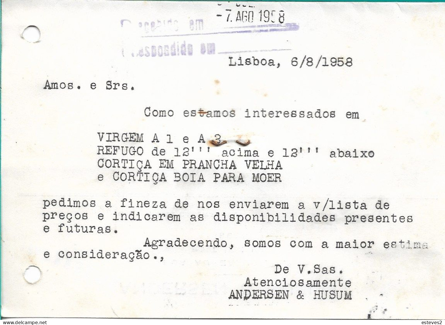 Portugal , 1958 ,  ANDERSEN & HUSUM , Lisboa , Import Export Commercial Mail - Portogallo