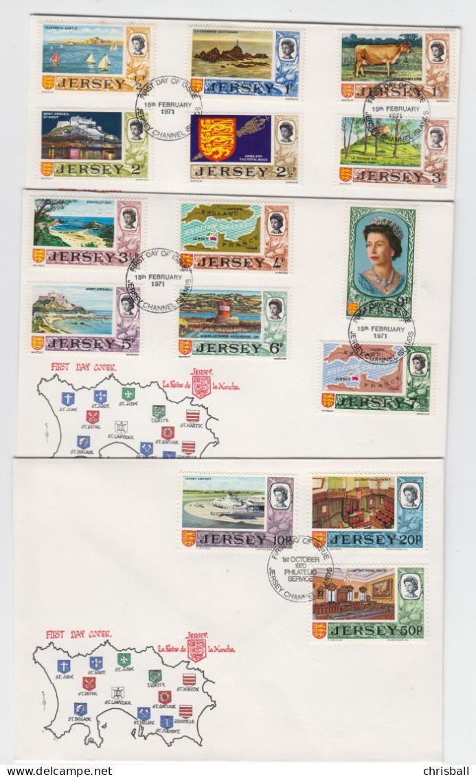 Jersey 1970 & 1971 Decimal Complete Set On 3 FDC 'Philatelic Service Postmark - Jersey