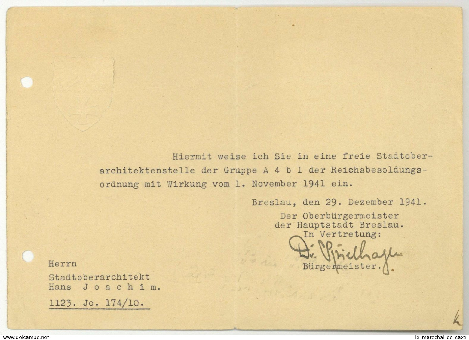 Breslau 1941 Autograph Bürgermeister Wolfgang Spielhagen (1891-1945) 1945 Ermordet Bonn Rheinland - Personnages Historiques