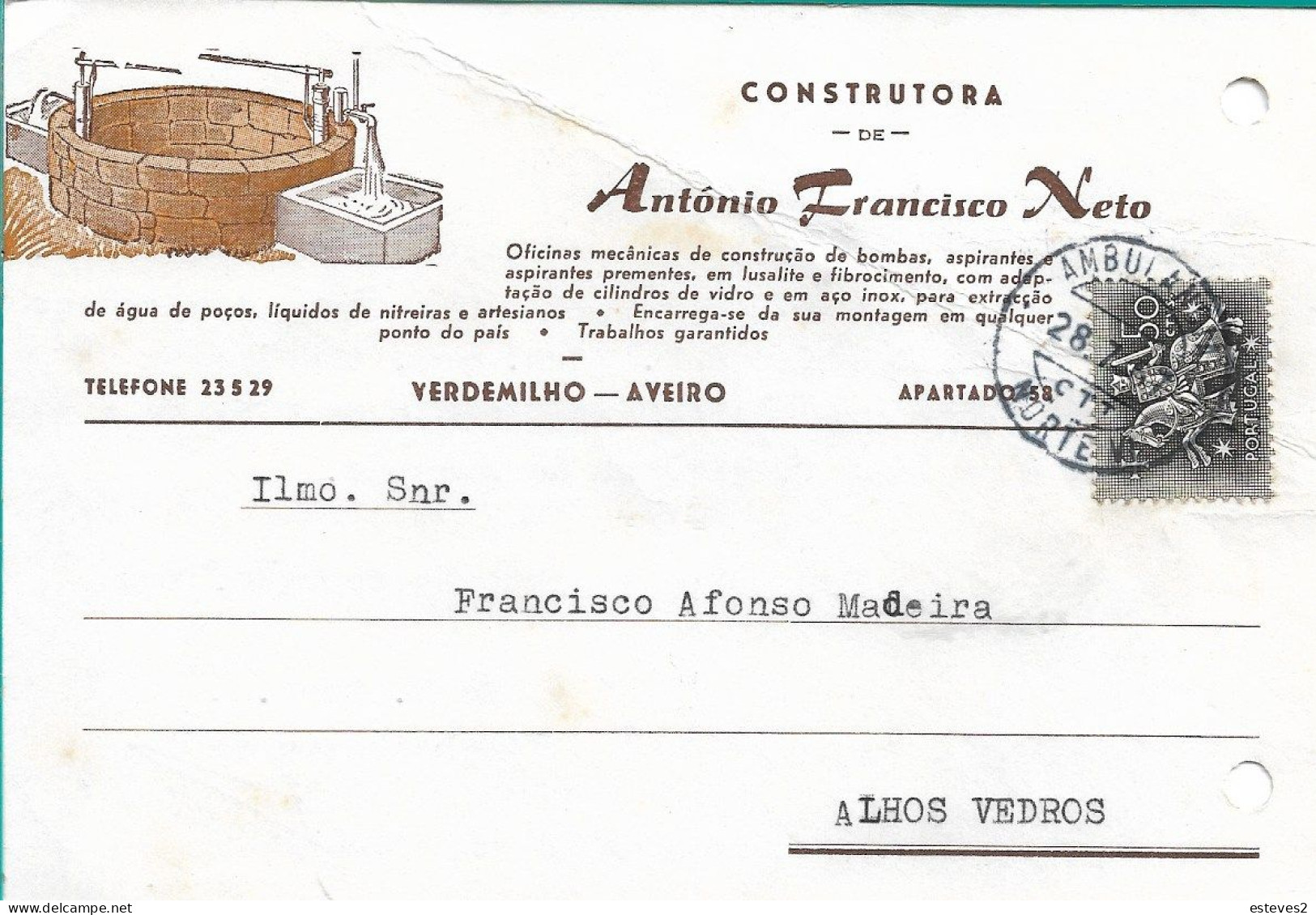 Portugal , 1967 ,  ANTÓNIO FRANCISCO NETO , Verdemilho Aveiro , Hydraulic Pumps , Ambulância Norte VI Postmark - Portugal