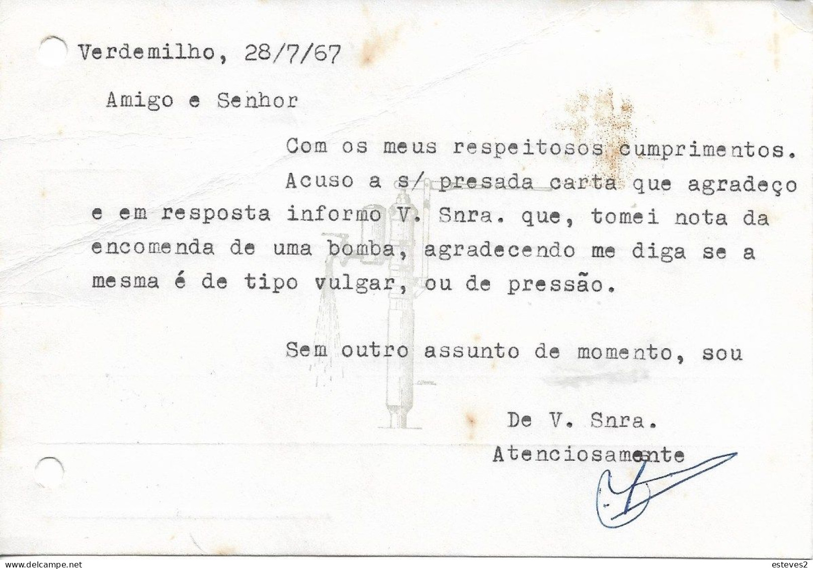 Portugal , 1967 ,  ANTÓNIO FRANCISCO NETO , Verdemilho Aveiro , Hydraulic Pumps , Ambulância Norte VI Postmark - Portugal