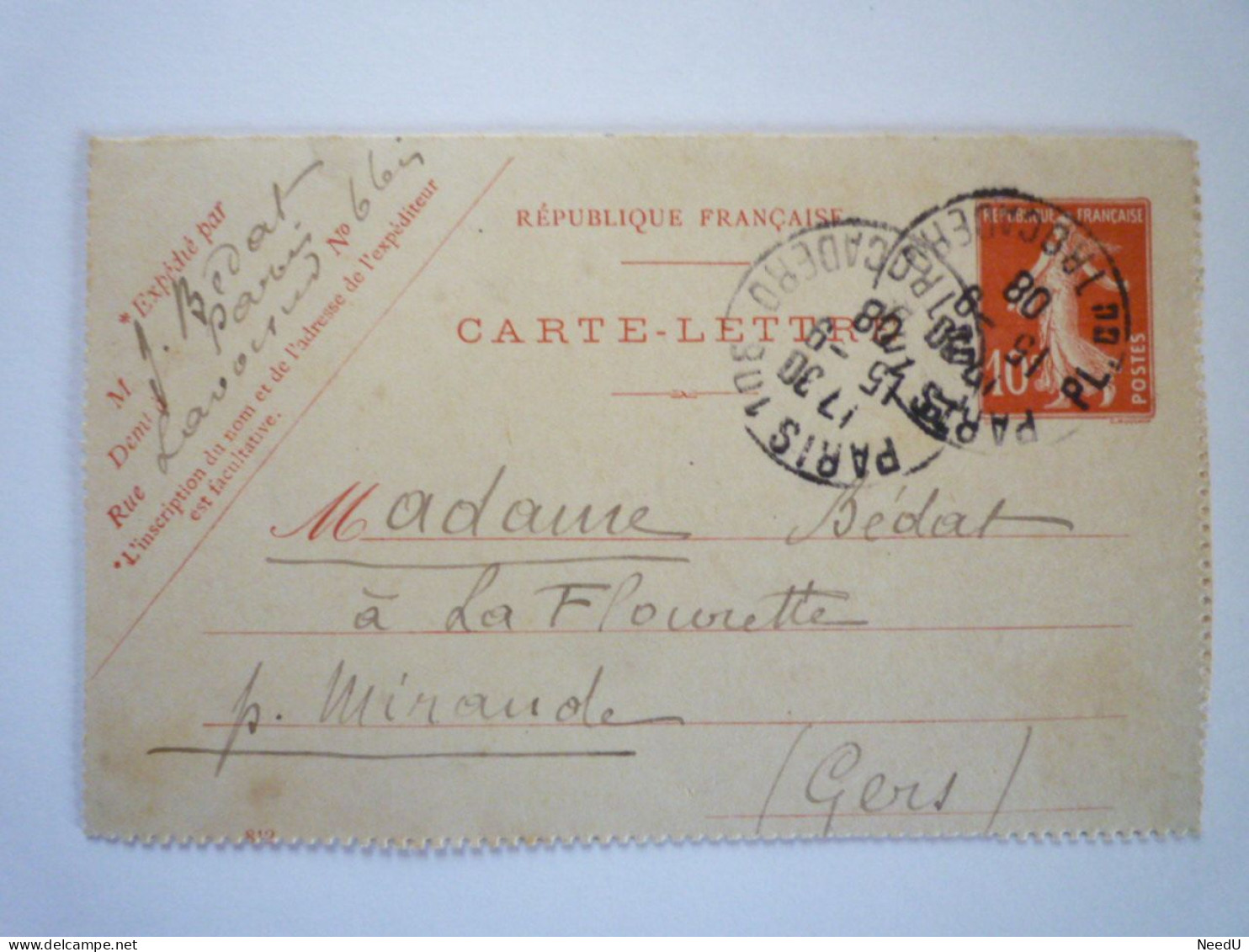 GP 2023 - 6  CARTE-LETTRE  De 1908  Adressée à Mme BEDAT  Au Château De La FLOURETTE  (ST-MEDARD)   XXX - Sonstige & Ohne Zuordnung