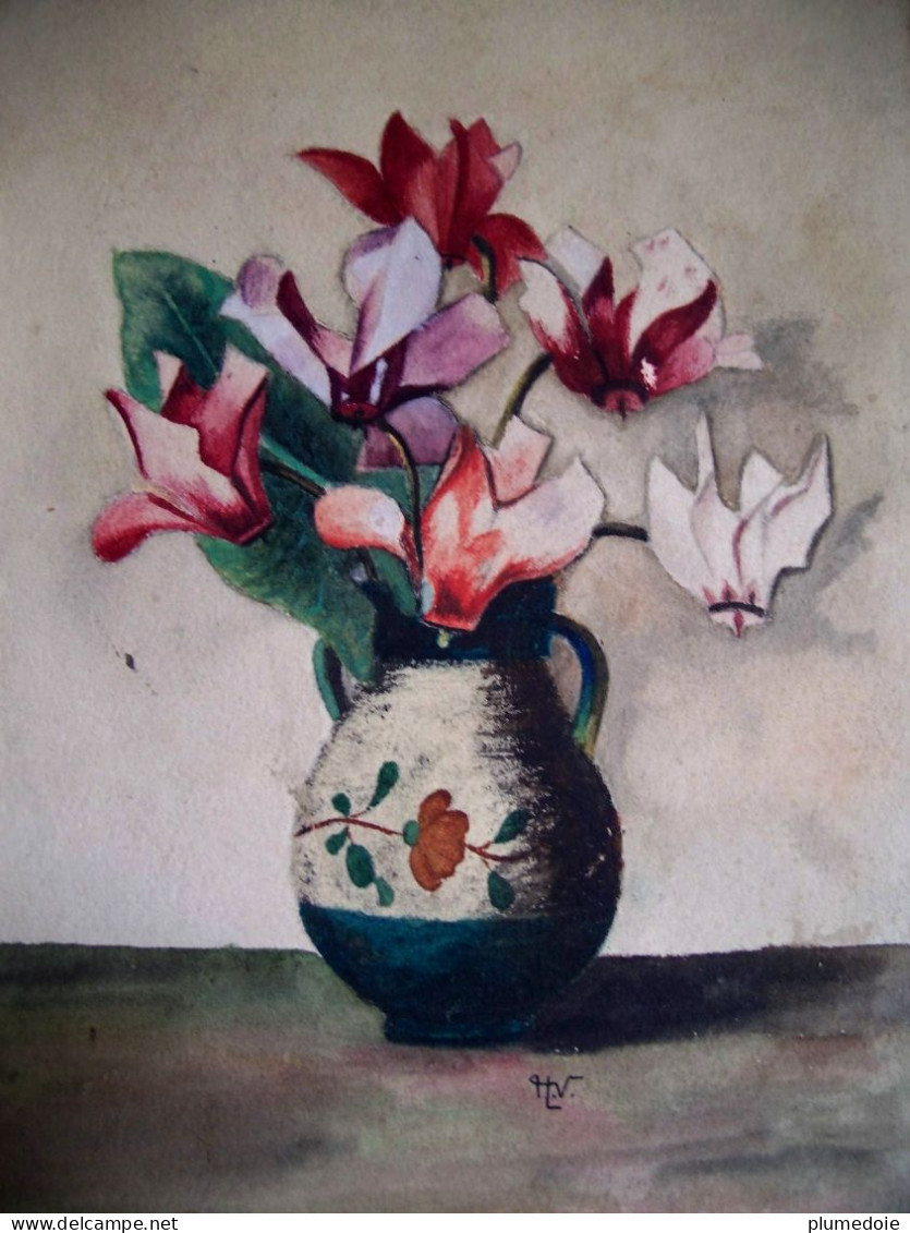 Aquarelle Signée, PAIRE PETITES AQUARELLES XIX ° , BOUQUET  FLEURS  VASE , 2 OLD WATERCOLOR DRAWING , FLOWERS - Acquarelli