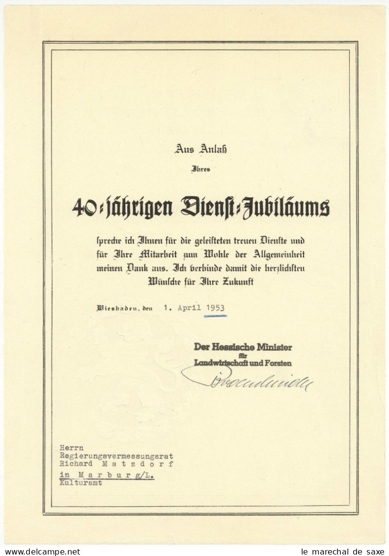 Hessen Staatsminister Ludwig Bodenbender (1891-1962) Autograph Matzdorf Wiesbaden 1953 - Personnages Historiques