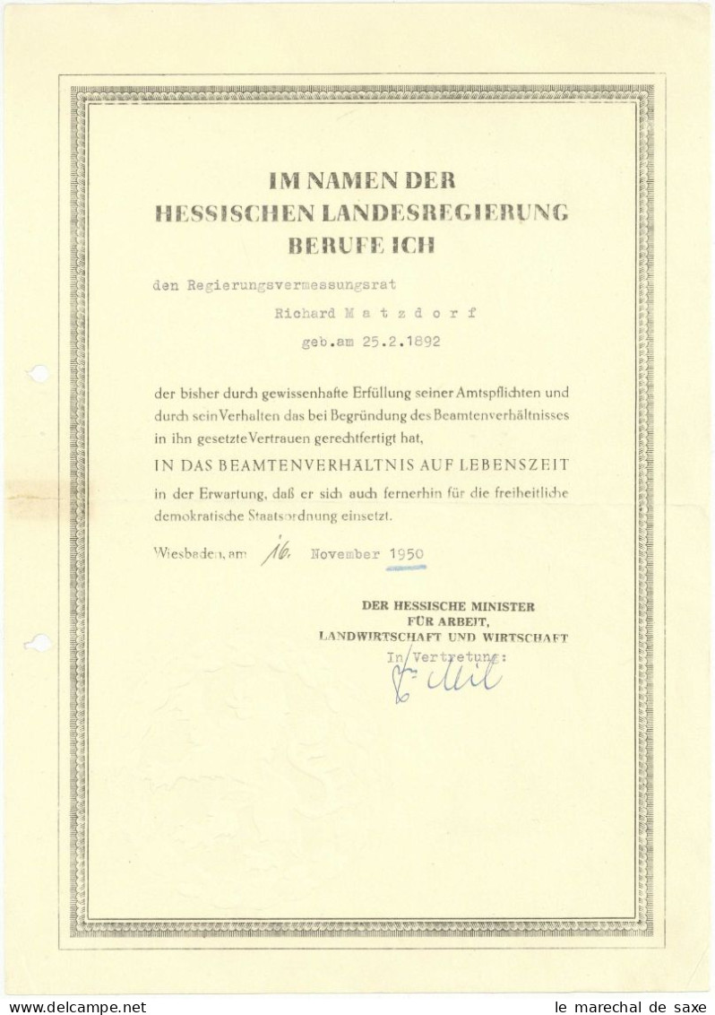 Hessen Staatsminister Ludwig Bodenbender (1891-1962) Autograph Matzdorf Wiesbaden 1953 - Historische Personen