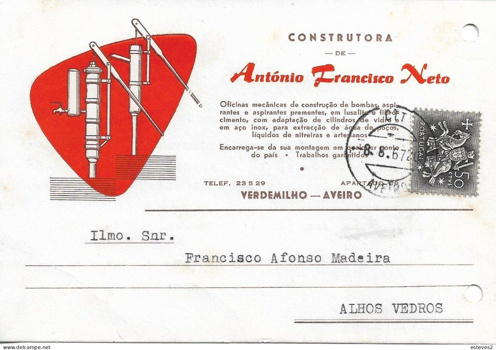 Portugal , 1967 ,  ANTÓNIO FRANCISCO NETO , Verdemilho Aveiro , Hydraulic Pumps , Aveiro Postmark - Portugal