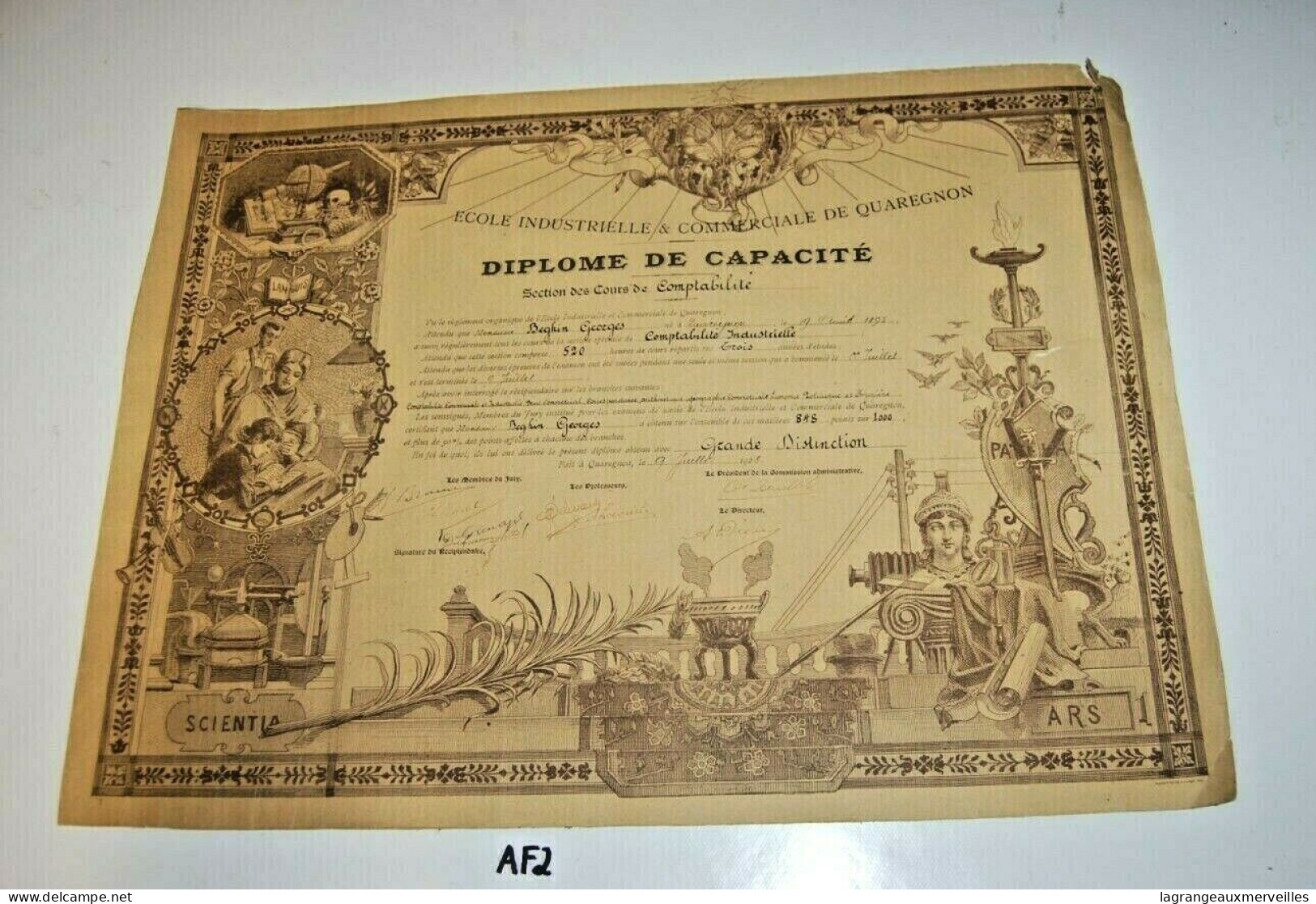 AF2 Ancien Diplôme - 1928 - Comptabilité - Quaregnon - Diplômes & Bulletins Scolaires
