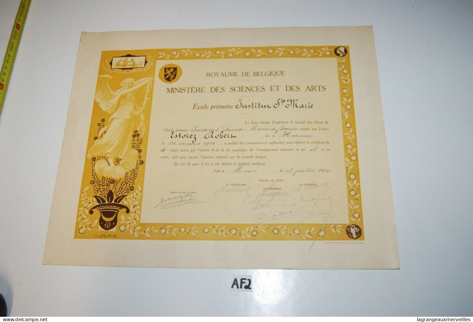 AF2 Ancien Document - Diplome - Instituteur - 1934 - Mons - Diplômes & Bulletins Scolaires