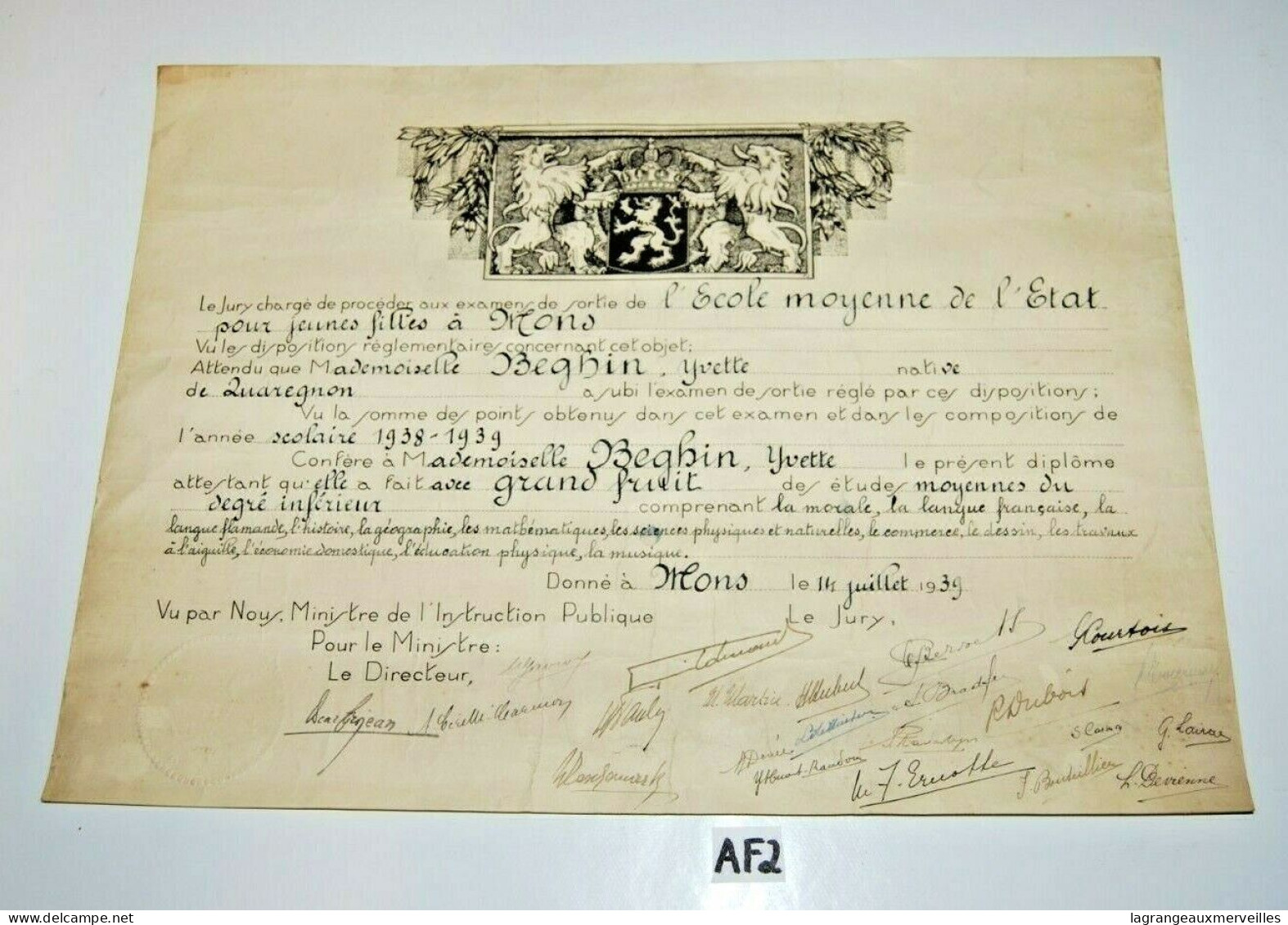 AF2 Ancien Diplôme - 1939 - Quaregnon - Ecole Normale - Diplômes & Bulletins Scolaires