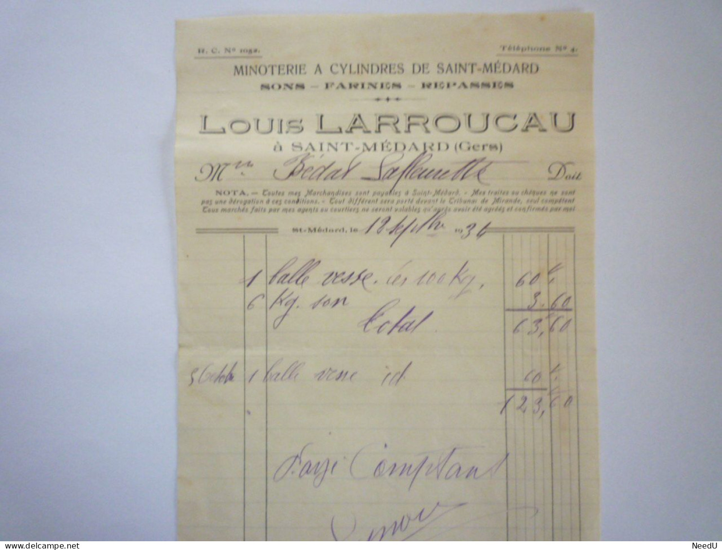 GP 2023 - 12  SAINT-MEDARD  (Gers)  :  FACTURE  MINOTERIE  Louis LARROUCAU  1934   XXX - 1900 – 1949