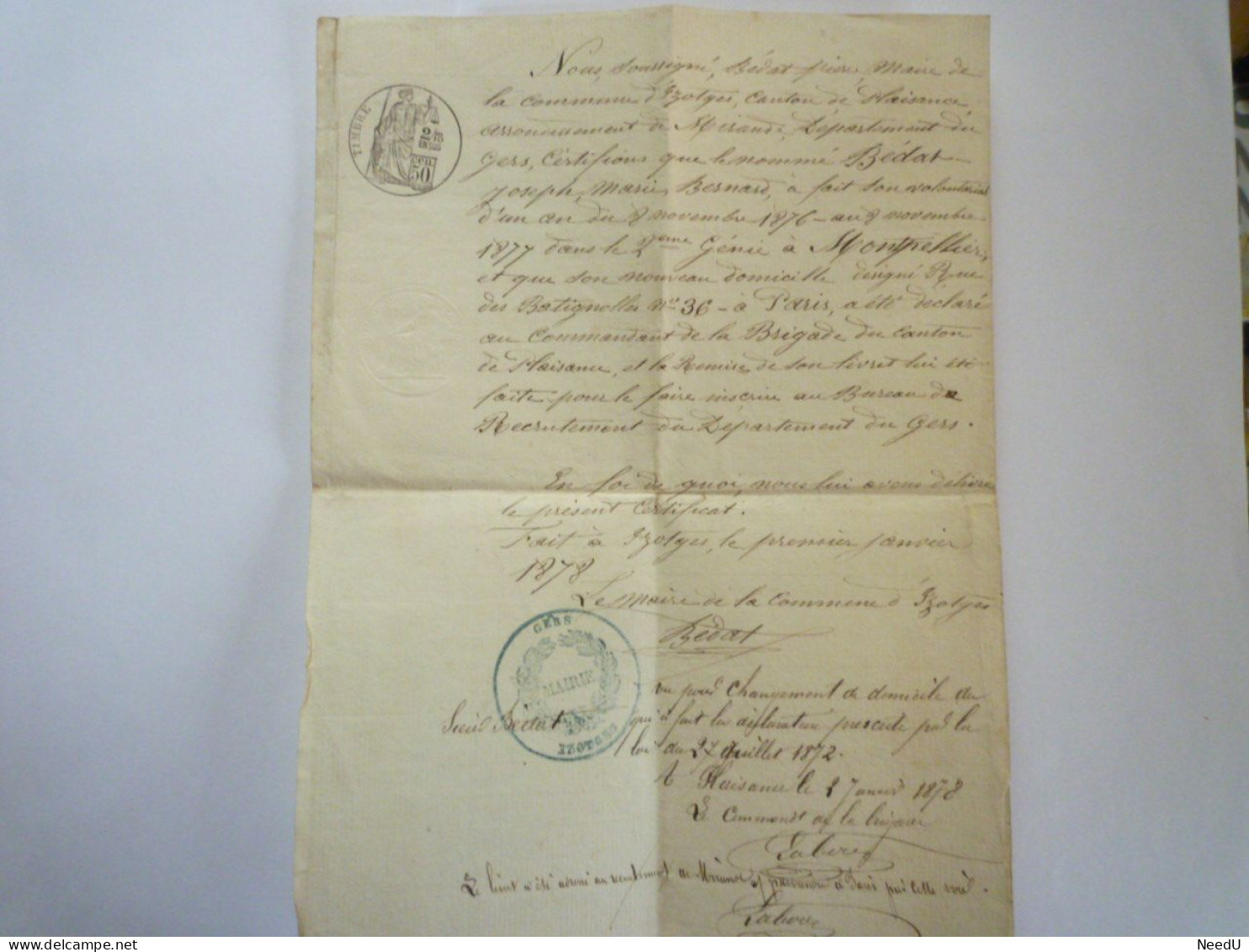 GP 2023 - 13  Document Signé Par Le MAIRE D'IZOTGES (Gers)  Concernant Joseph BEDAT  Militaire  1878   XXX - Zonder Classificatie