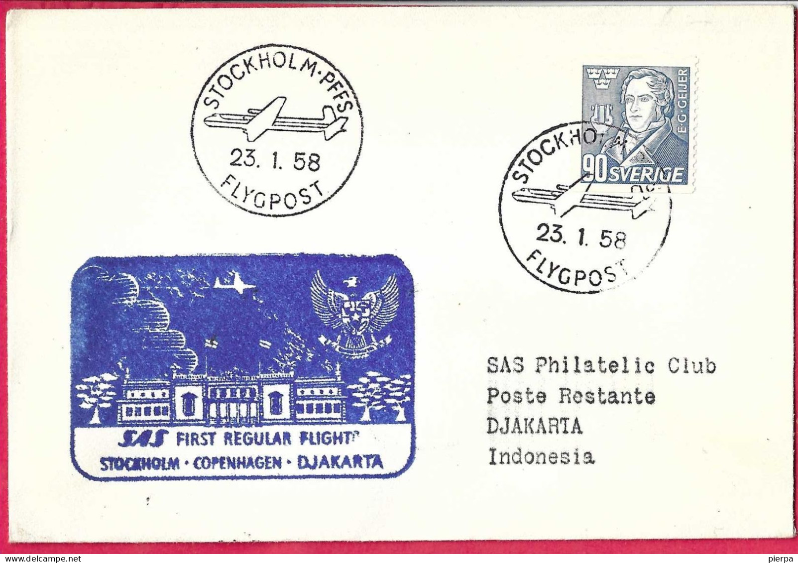 SVERIGE - FIRST REGULAR FLIGHT SAS  FROM STOCKHOLM TO DJIAKARTA *23.1.58* ON OFFICIAL COVER - Lettres & Documents