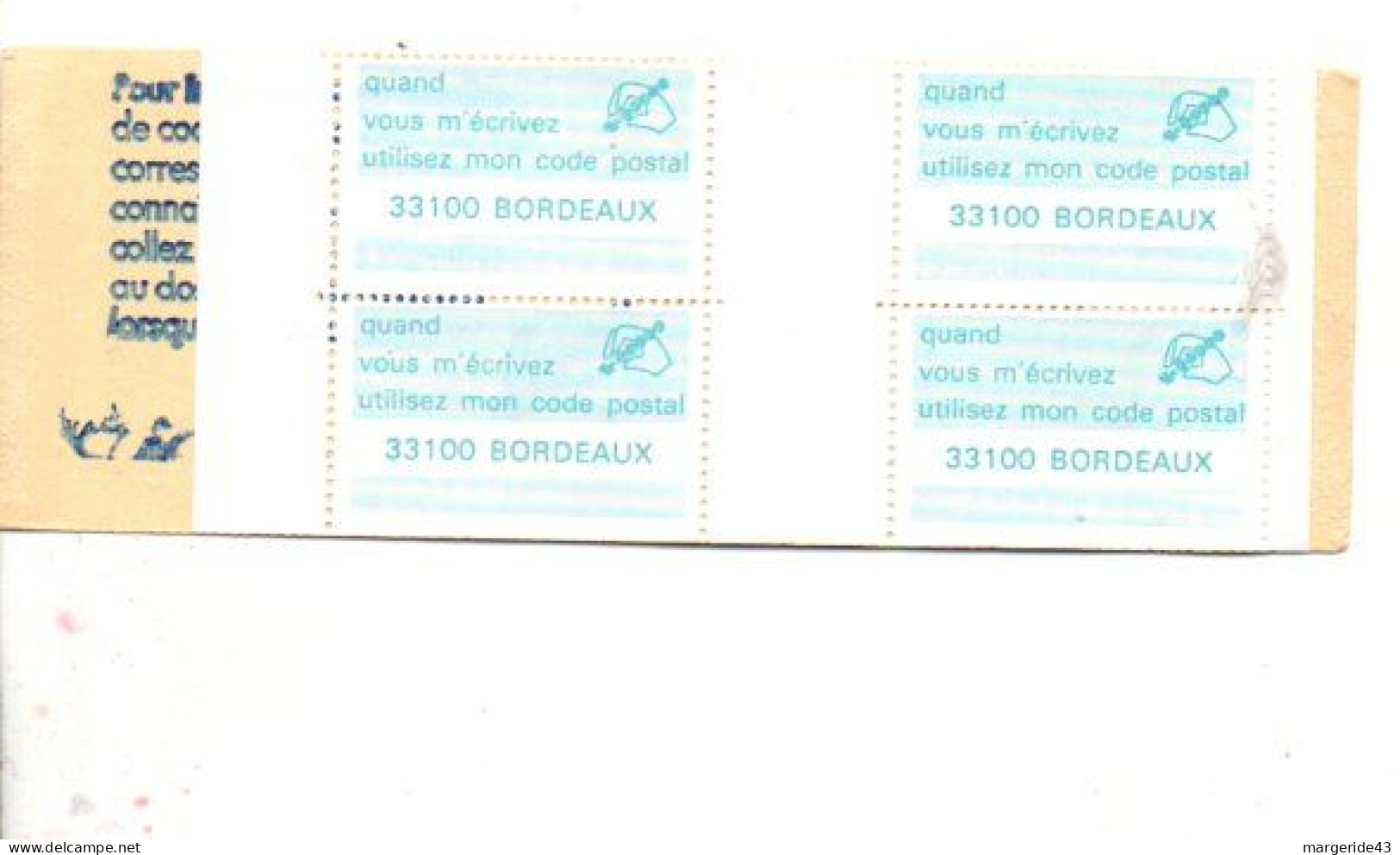 CARNET CODE POSTAL -33100 BORDEAUX BLEU NEUTRE - Blocks & Sheetlets & Booklets