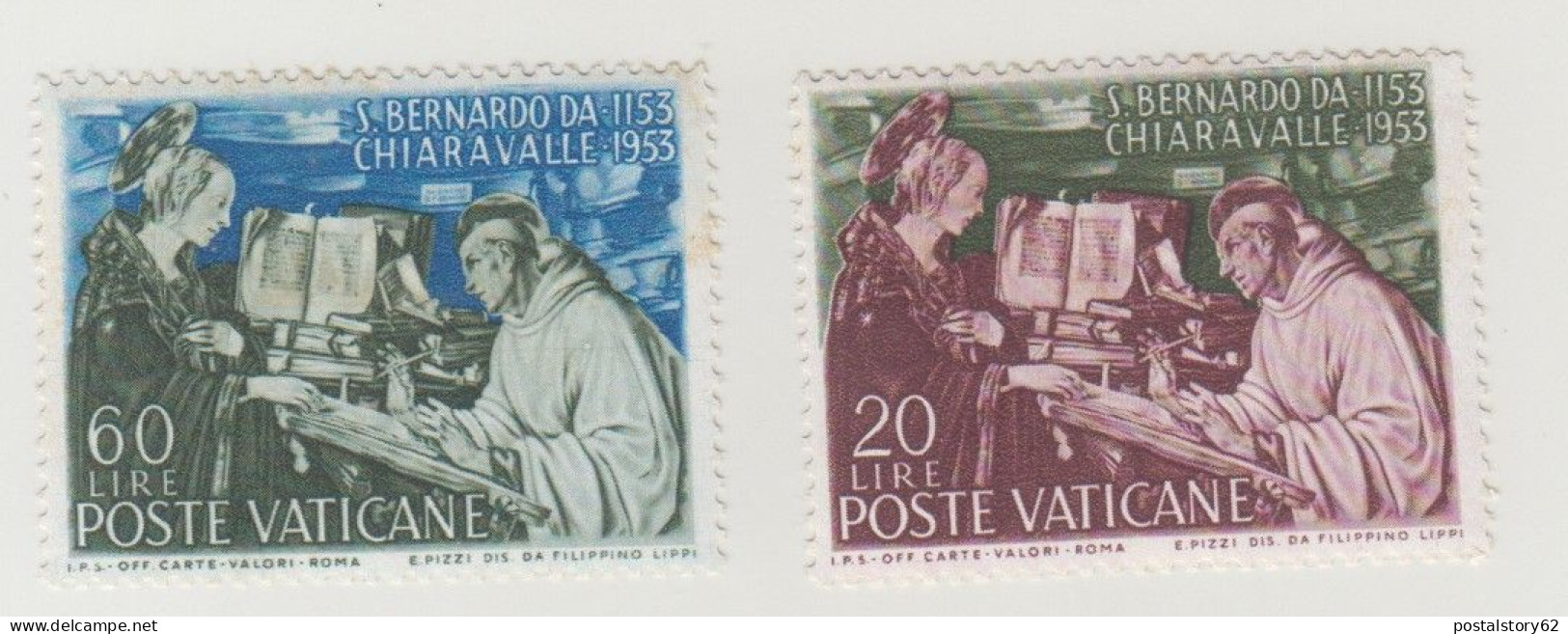 Vaticano, San Bernardo Da Chiaravalle 2 Francobolli Da Lire 20 + Lire 60 Tracce Di Linguella Anno 1953 - Storia Postale