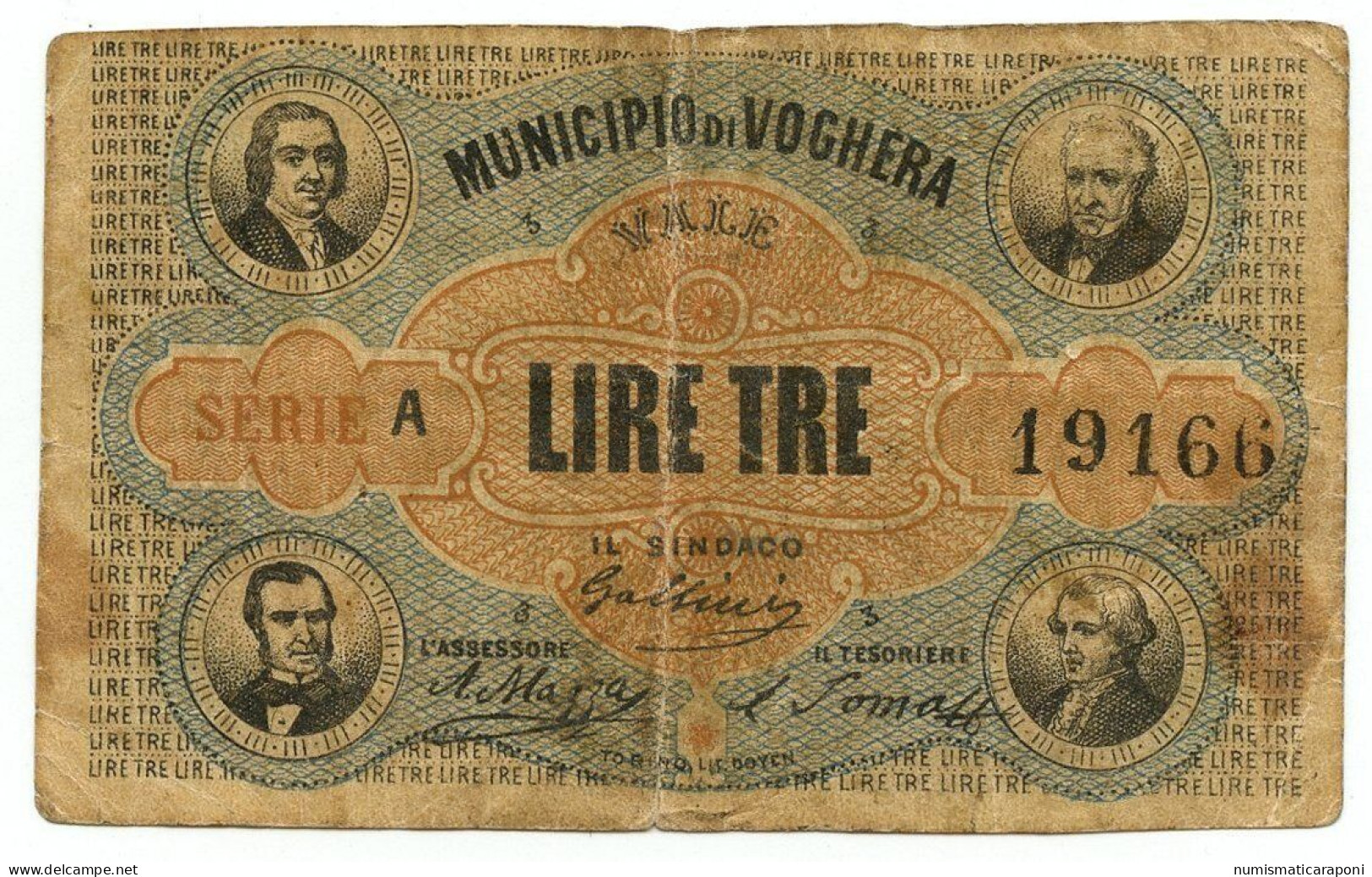 3 LIRE BIGLIETTO FIDUCIARIO MUNICIPIO DI VOGHERA Bb Carta Naturale LOTTO 1928 - Sonstige & Ohne Zuordnung