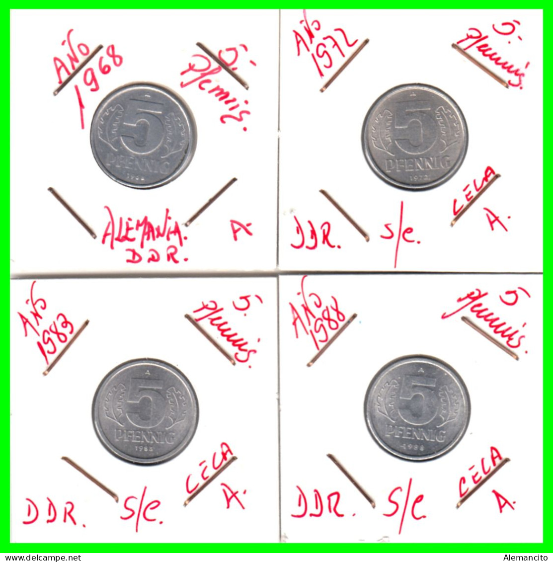 REPUBLICA DEMOCRATICA DE ALEMANIA ( DDR ) 4 MONEDAS DE 5 PFENNING AÑO 1968 - 1972 - 1983 -  1988 - CECA-A - 5 Pfennig