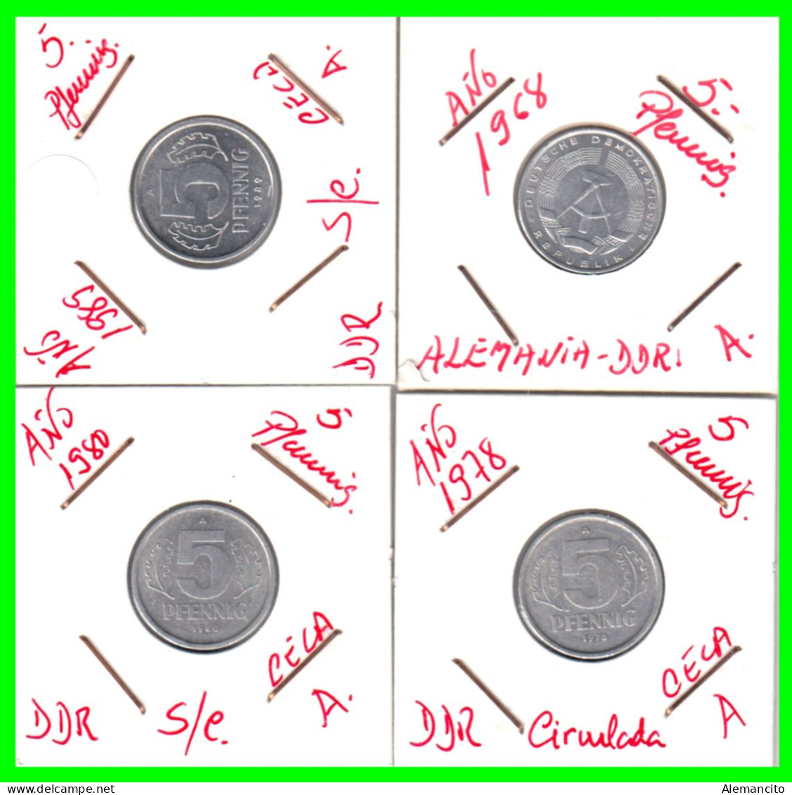 REPUBLICA DEMOCRATICA DE ALEMANIA ( DDR ) 4 MONEDAS DE 5 PFENNING AÑO 1968 - 1978 - 1980 -  1989 - CECA - A - 5 Pfennig