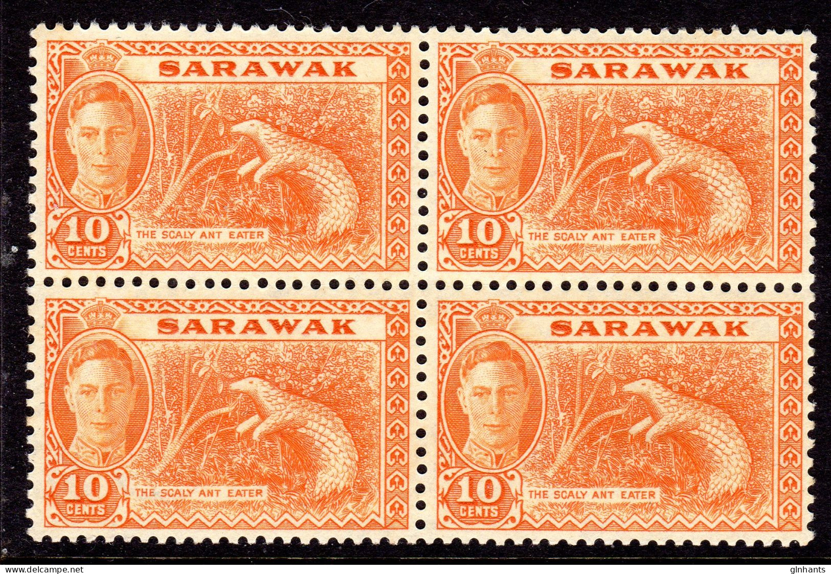 MALAYSIA SARAWAK - 1950 KGVI 10c ANTEATER ANIMAL IN BLOCK OF 4 FINE MNH **  SG 177 X 4 - Sarawak (...-1963)