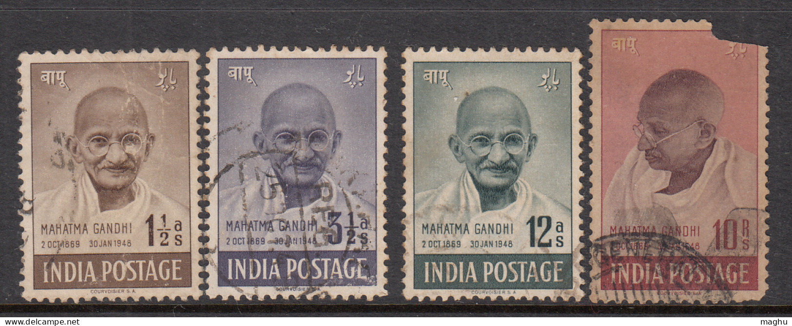 India Used 1948, Set Of 4, Gandhi (Rs 10/- Damage / Space Filler) - Used Stamps