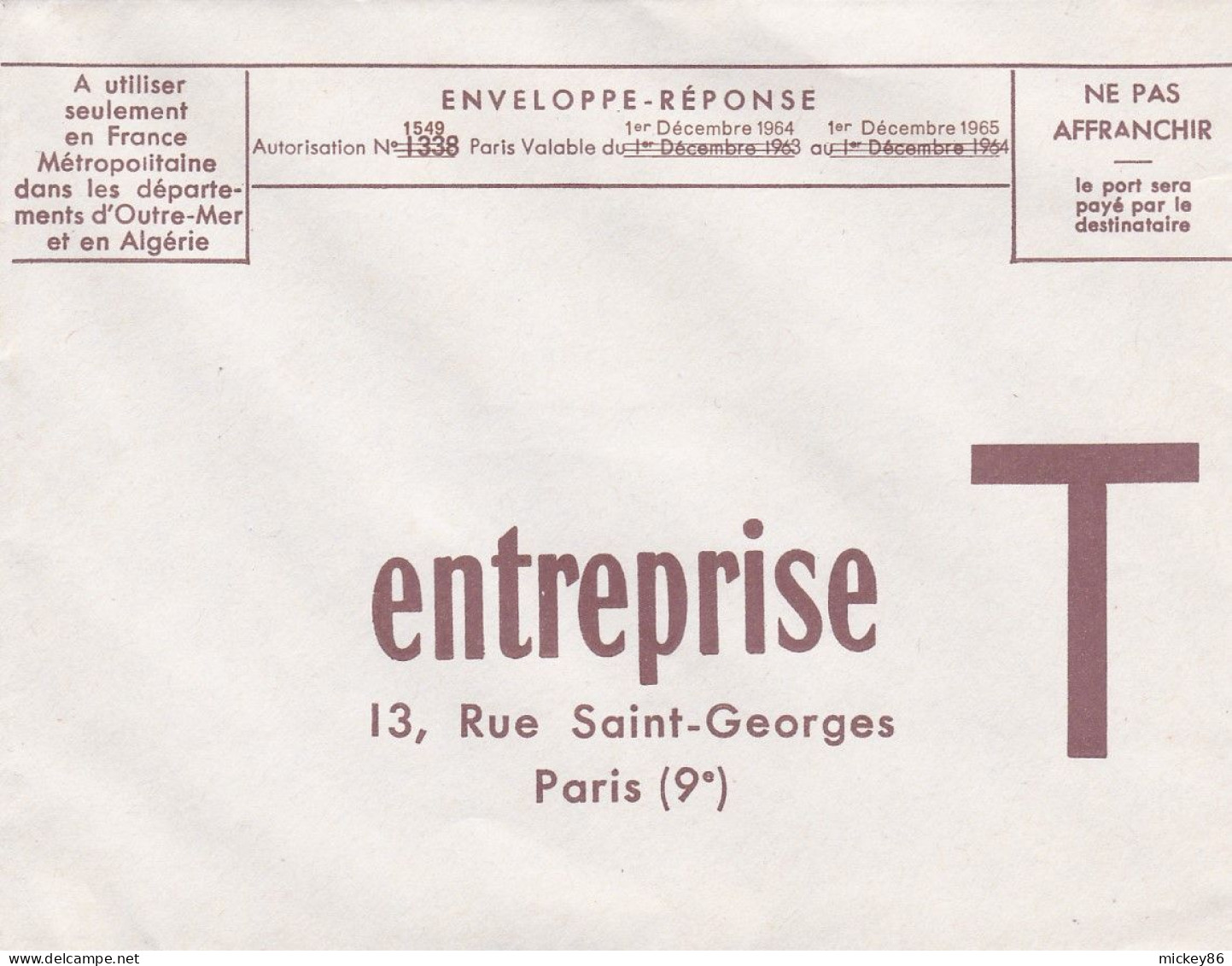 1963--1964--entier Enveloppe-Réponse "Entreprise" --2 N° Autorisations -2 Durées Différentes .....pas Courante - Cartes/Enveloppes Réponse T