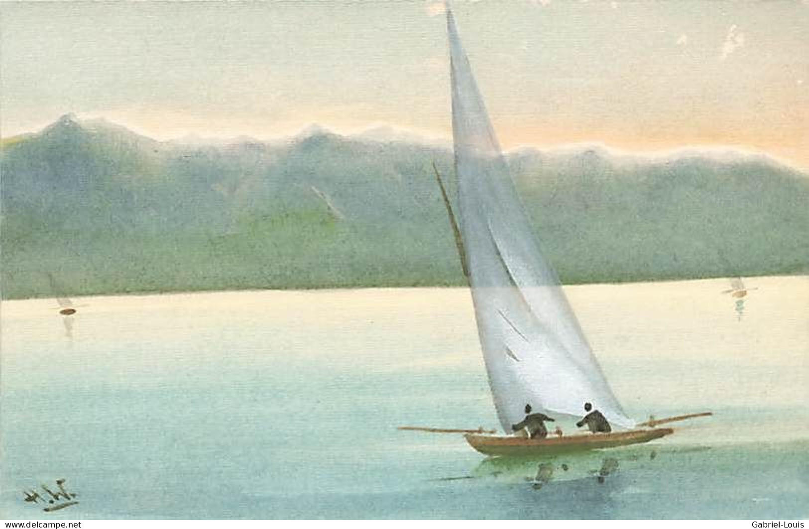 Carte Peinture Originale Signée H.W. Barque Sur Le Lac Léman Vevey - Vevey