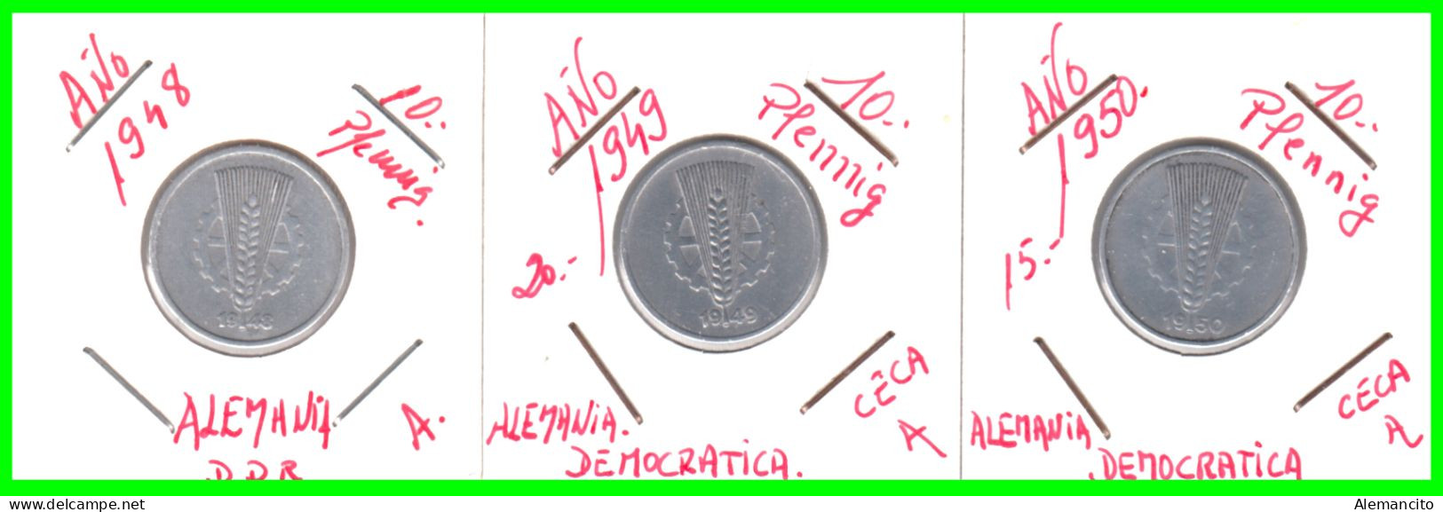 REPUBLICA DEMOCRATICA DE ALEMANIA ( DDR ) 3 MONEDAS DE 10 PFENNING AÑO - 1948 - 1949 - Y - 1950 -   CECA-A - 10 Pfennig