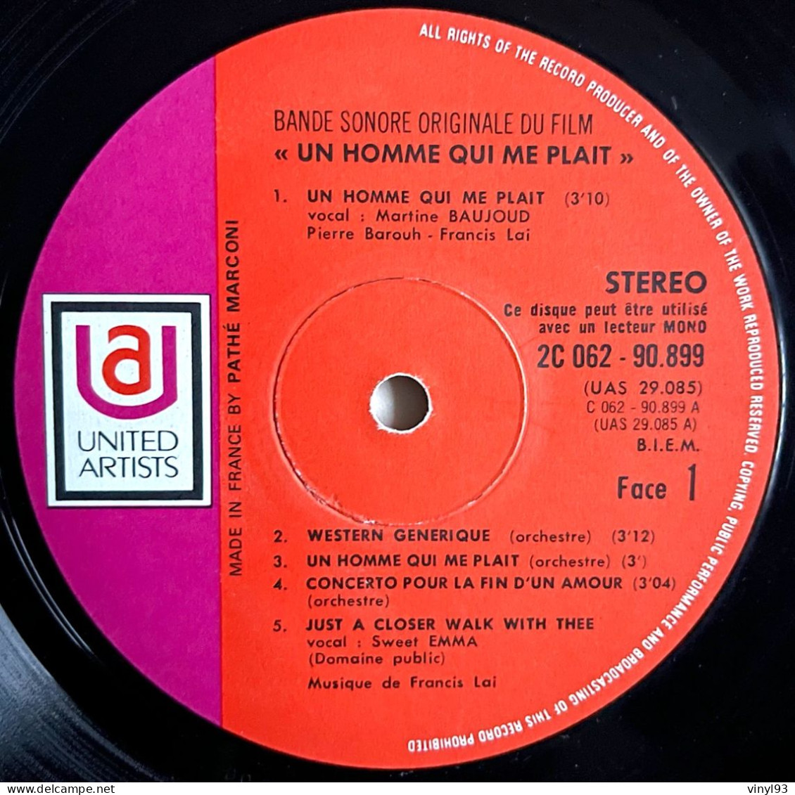 1969 - Bande Originale Du Film De Claude Lelouch "Un Homme Qui Me Plait" Avec Belmondo - LP 33T - United Artists - Soundtracks, Film Music
