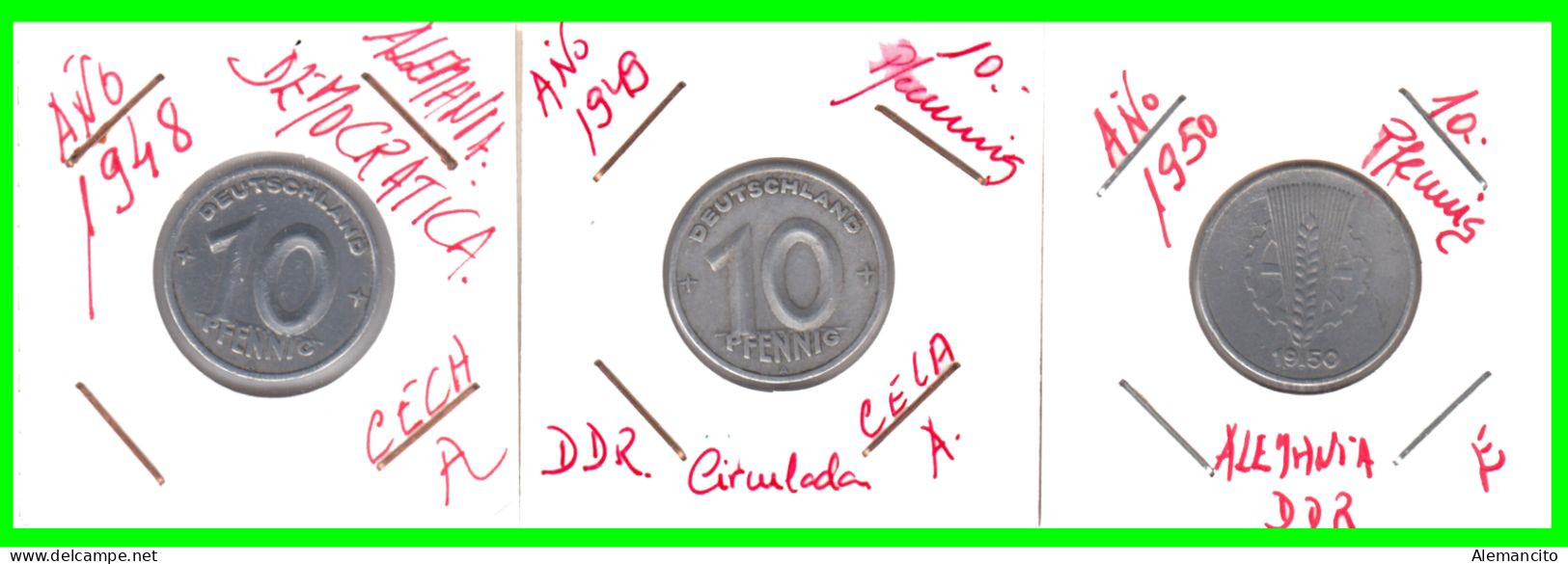 REPUBLICA DEMOCRATICA DE ALEMANIA ( DDR ) 3 MONEDAS DE 10 PFENNING AÑO - 1948 - 1949 - CECA - A - Y - 1950 -   CECA - E - 10 Pfennig