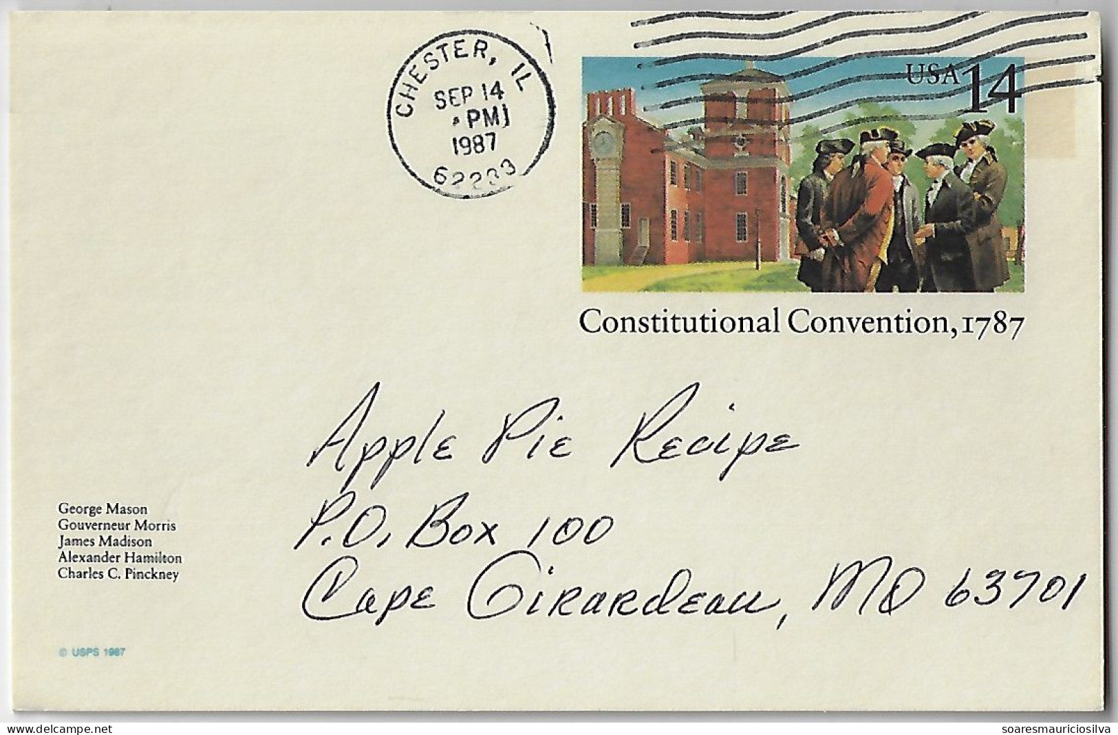 USA 1987 Postal Stationery Card Stamp Constitutional Convention Philadelphia 14 Cents From Chester To Cape Girardeau - 1981-00