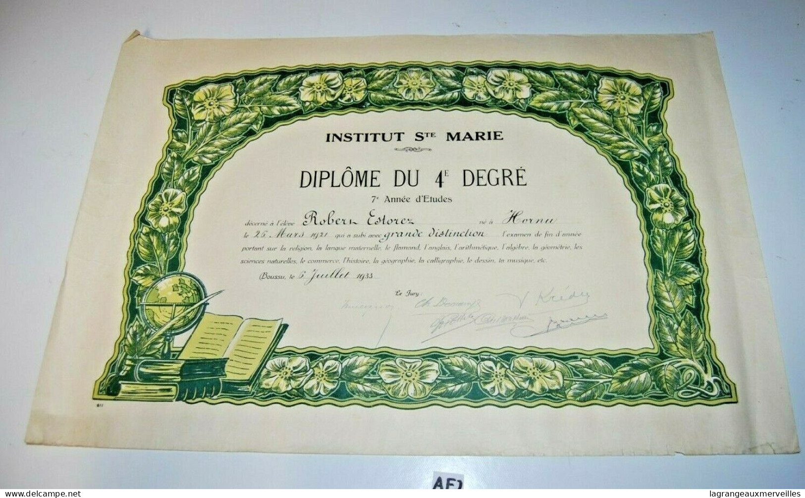 AF2 Ancien Document - Diplome - Sainte Marie - 1933 - Diplômes & Bulletins Scolaires