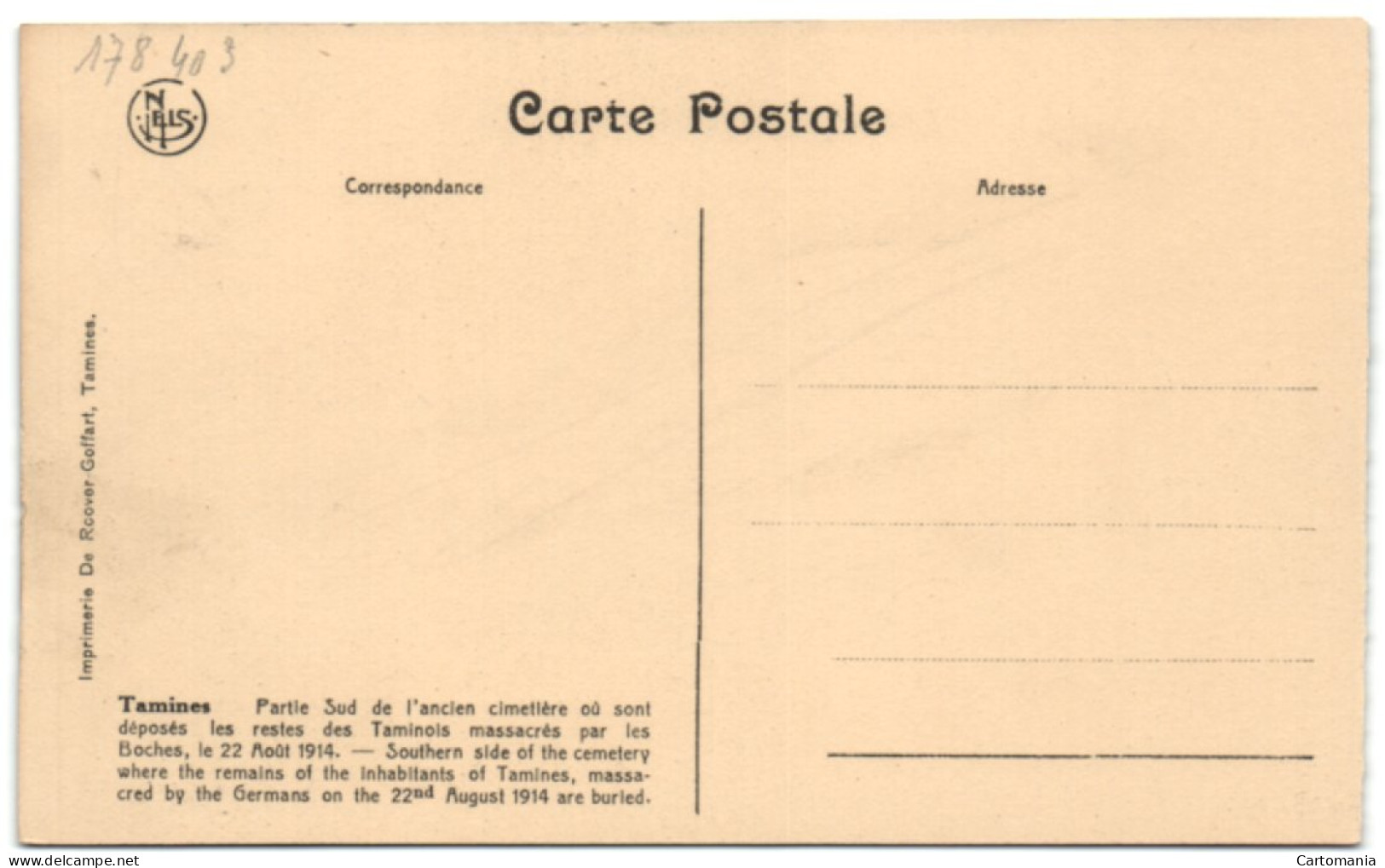 Tamines - Partie Sud De L'anc. Cimetière Ou Sont Dép. Les Restes Des Taminjois Massacrés Par Les Boches  Le 22 8 1914 - Sambreville