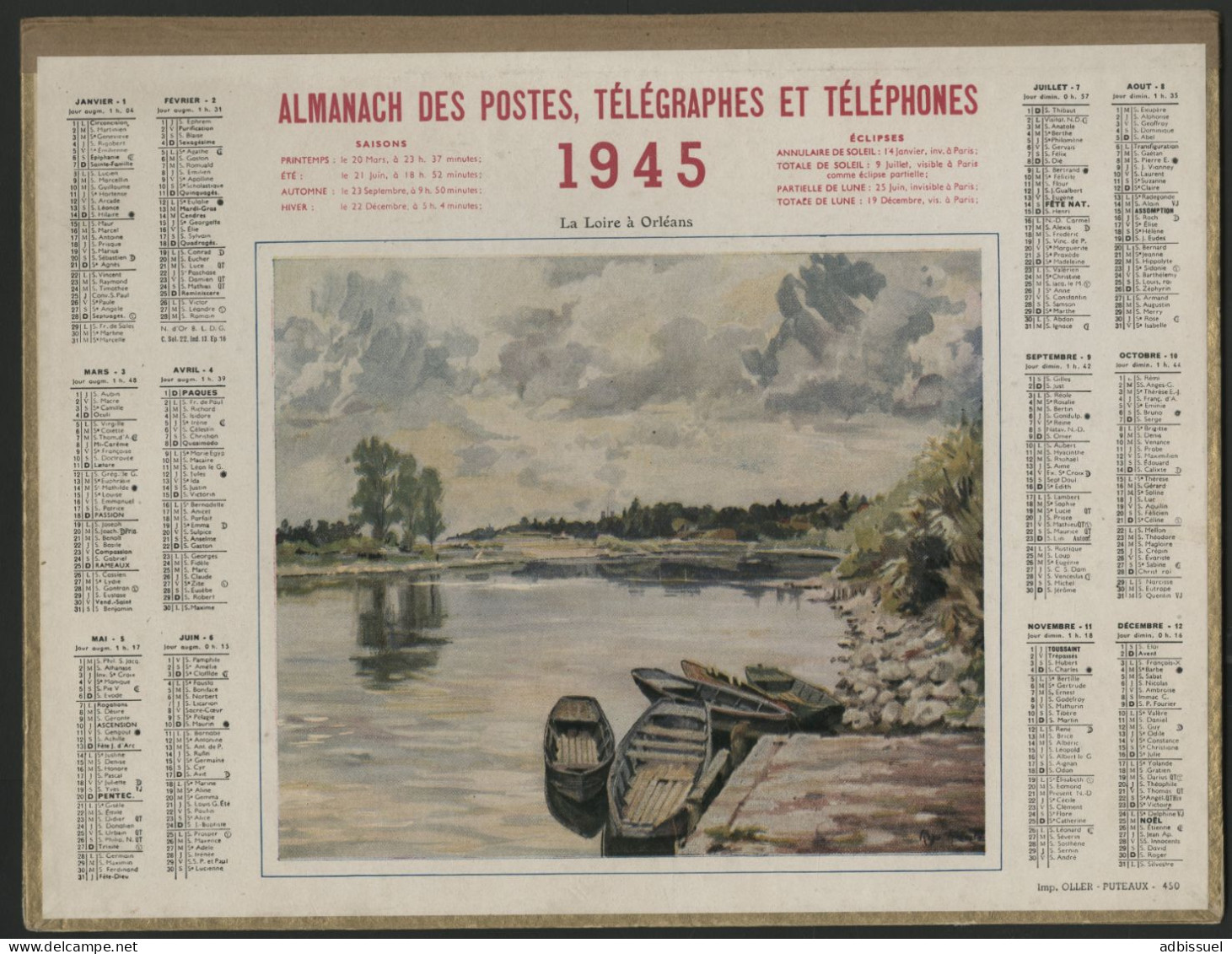 CALENDRIER ALMANACH DES POSTES 1945 Illustré D'un Tableau La Loire à Orléans Voir Suite - Grand Format : 1941-60