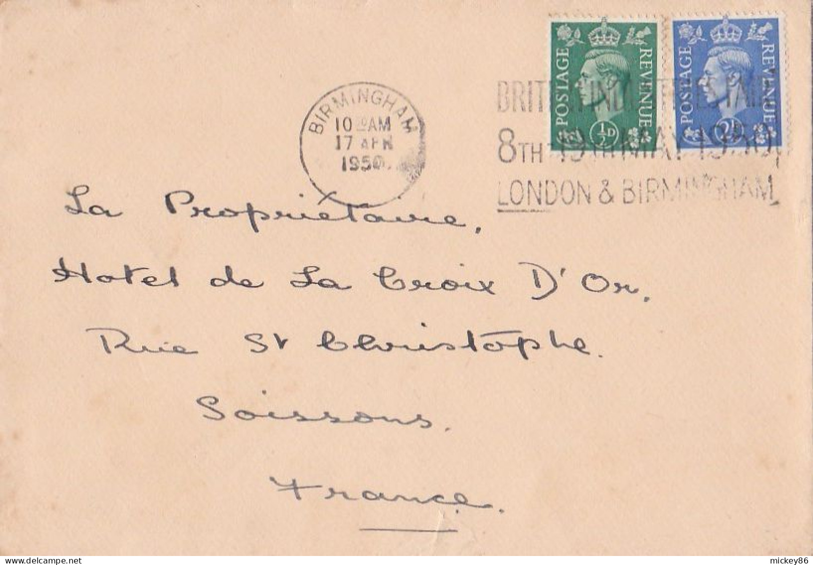 G-B--1950--Lettre De BIRMINGHAM  Pour SOISSONS-02 (France) .........timbres....cachet   17 APR 50 - Cartas & Documentos