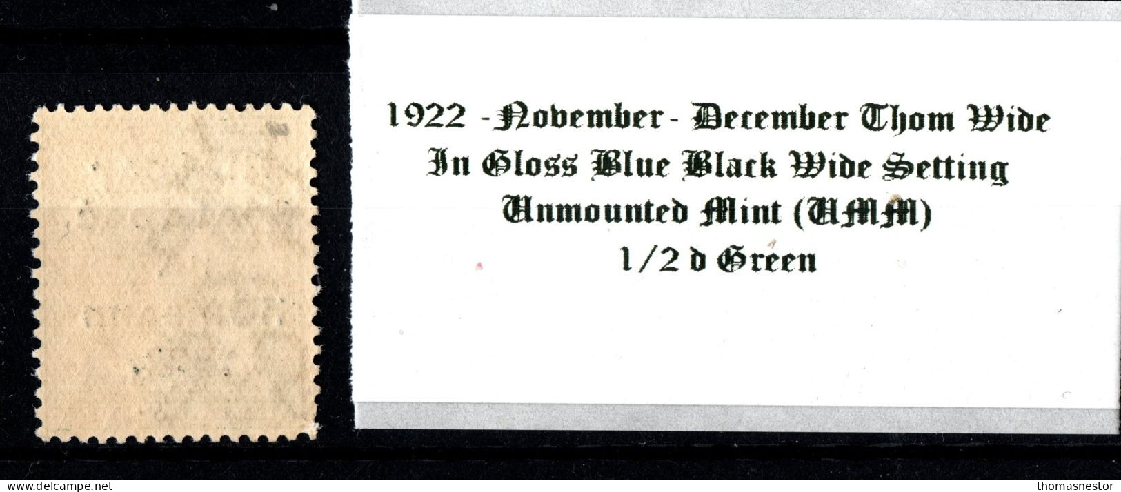 1922 November - December Thom Wide In Shiny Blue Black Wide Setting 1/2 D Green Unmounted Mint (UMM) - Ungebraucht