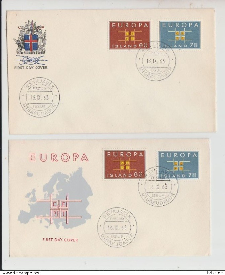 1963 N.2 BUSTE EUROPA CEPT PREMIER JOUR D'EMISSION FIRST DAY COVER ERSTTAGSBRIEF 1°GIORNO EMISSIONE ISLAND REYKJAVIK - 1963