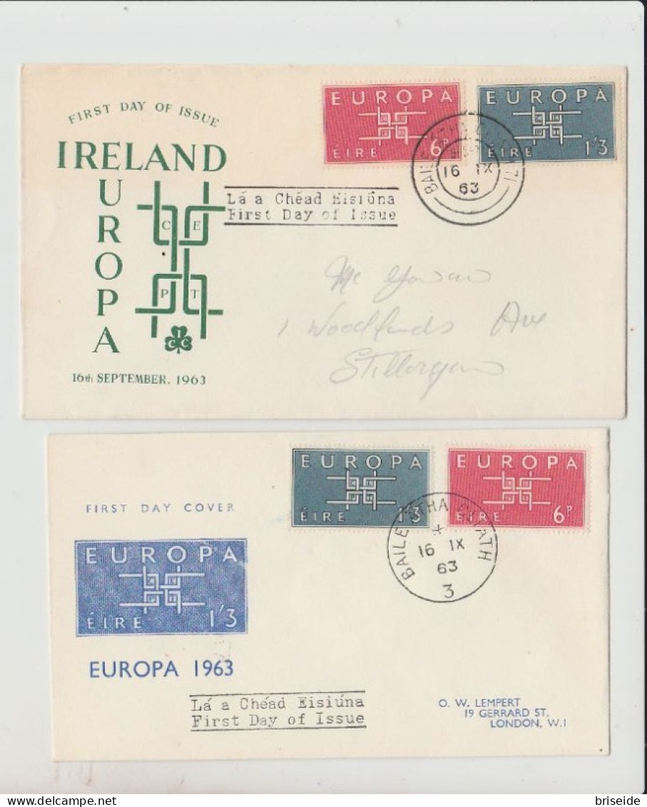 1963 N.2 BUSTE EUROPA CEPT PREMIER JOUR D'EMISSION FIRST DAY COVER ERSTTAGSBRIEF 1°GIORNO EMISSIONE EIRE IRLANDA - 1963