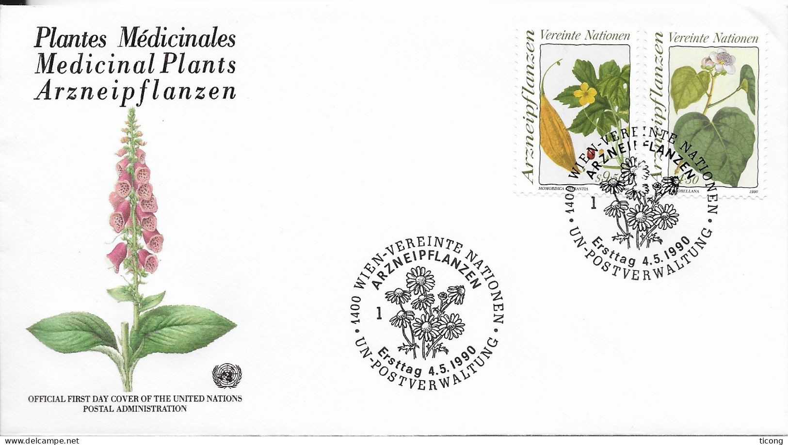 PLANTES MEDICINALES - LE ROCOU, LA MARGOSE, 1ER JOUR CACHETS ILLUSTRES FLEURS, ONU VIENNE 1990, A VOIR - Geneeskrachtige Planten