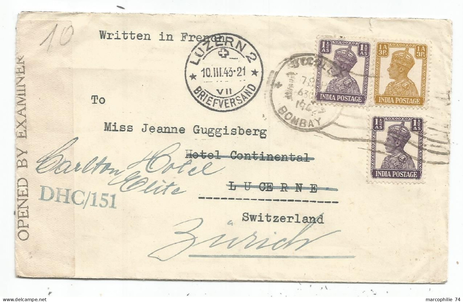 INDIA LETTRE COVER BOMBAY 1943 TO SUISSE CENSOR DHC 151 - 1936-47 Roi Georges VI