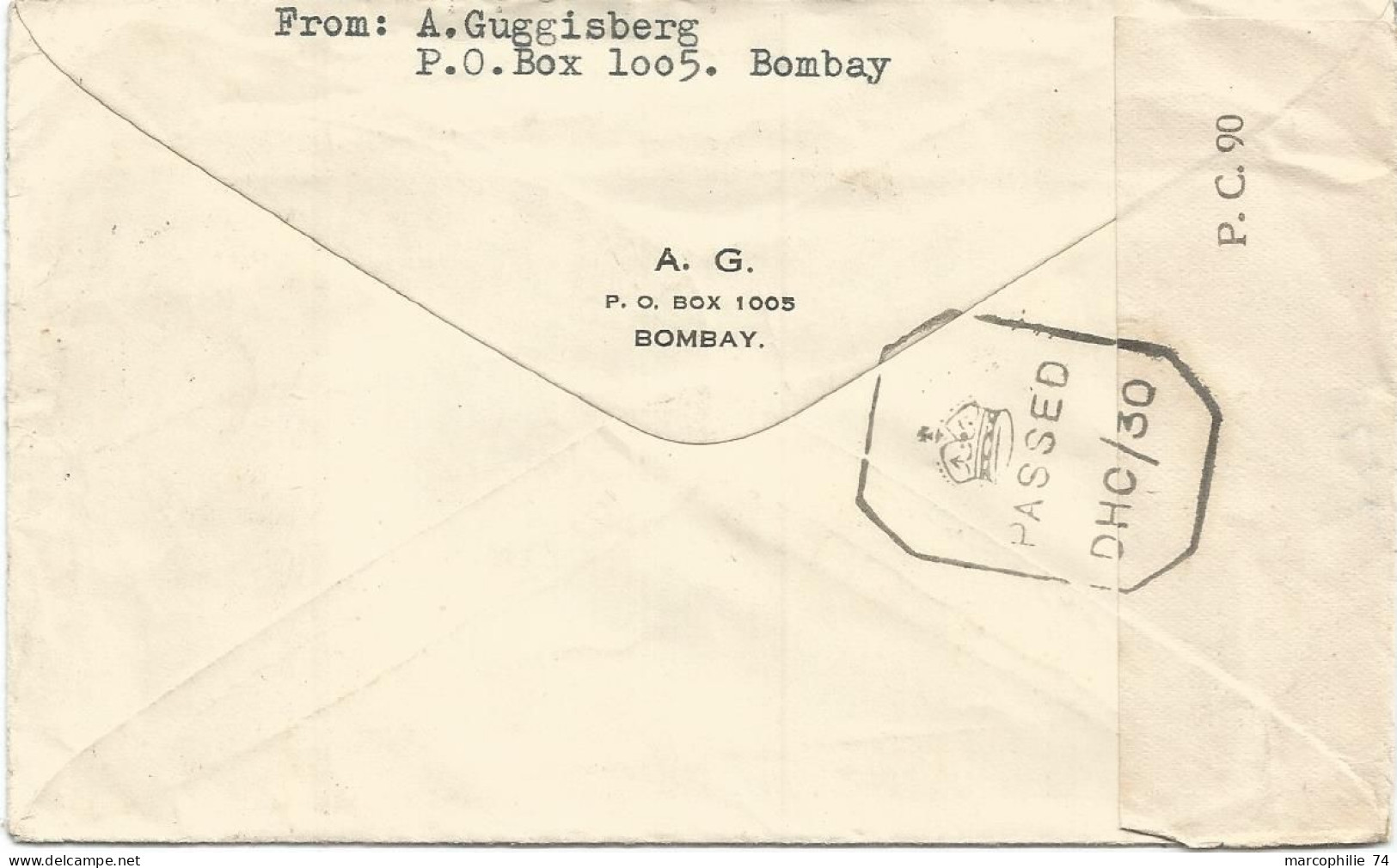 INDIA LETTRE COVER BOMBAY 1943 TO SUISSE CENSOR DHC 151 - 1936-47 Roi Georges VI