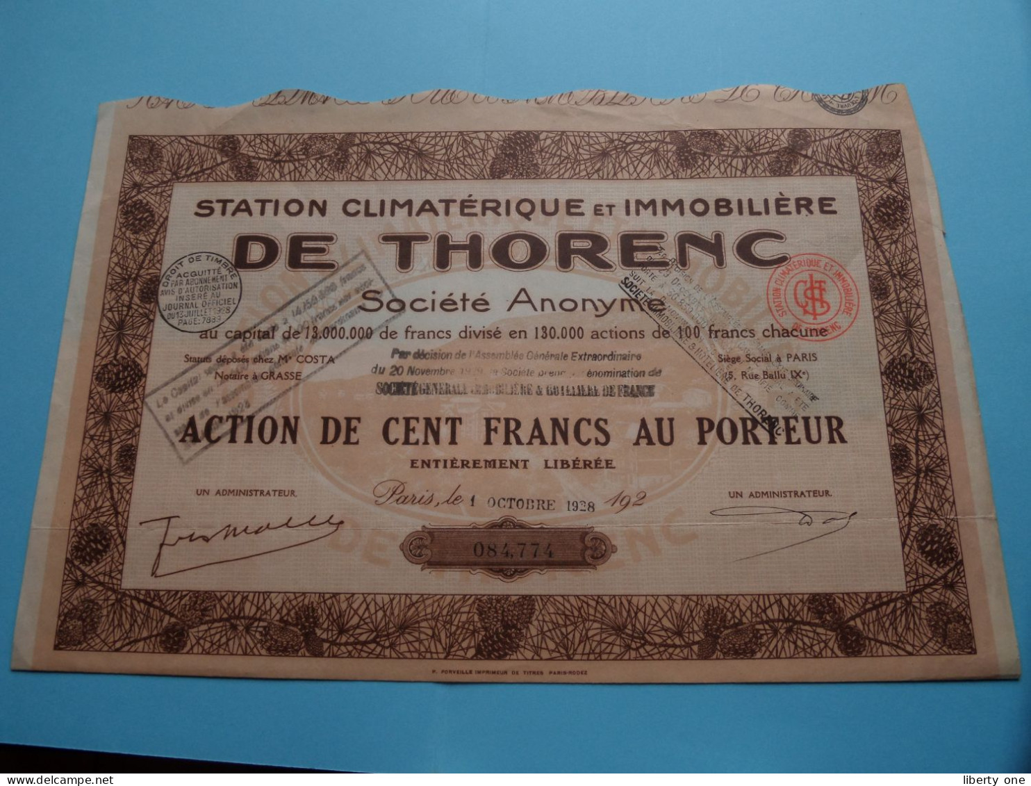 " DE THORENC Station Climatérique Et Immo " Action De 100 Fr. - N° 084774 - Paris 1928 ( Voir SCANS ) ! - Turismo