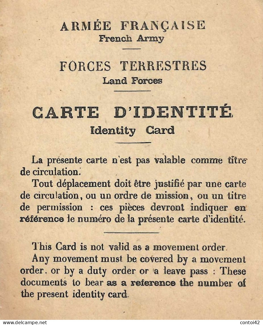 CARTE D'IDENTITE ARMEE FRANCAISE FORCES TERRESTRES MARS 1945 MILITAIRE MILITARIA FRENCH ARMY IDENTITY CARD LAND FORCES - 1939-45