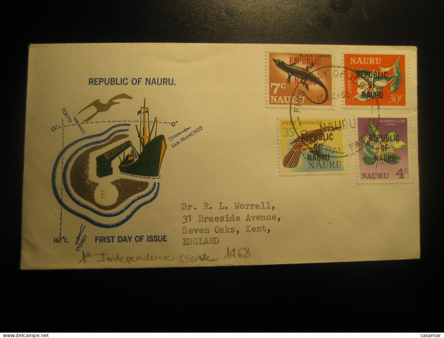 NAURU 1968 To Seven Oaks Kent England First Independence Issue FDC Cancel Cover Central Pacific - Nauru
