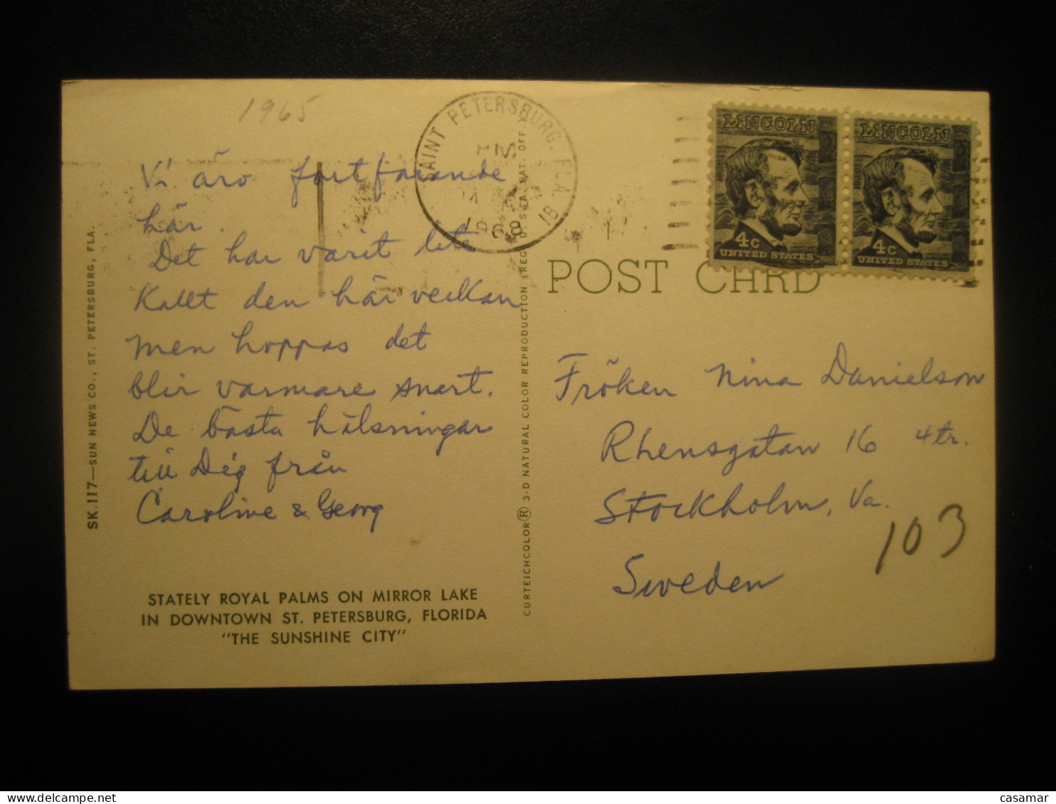 SAINT PETERSBURG Florida Mirror Lake Cancel 1968 To Sweden Postcard USA - St Petersburg