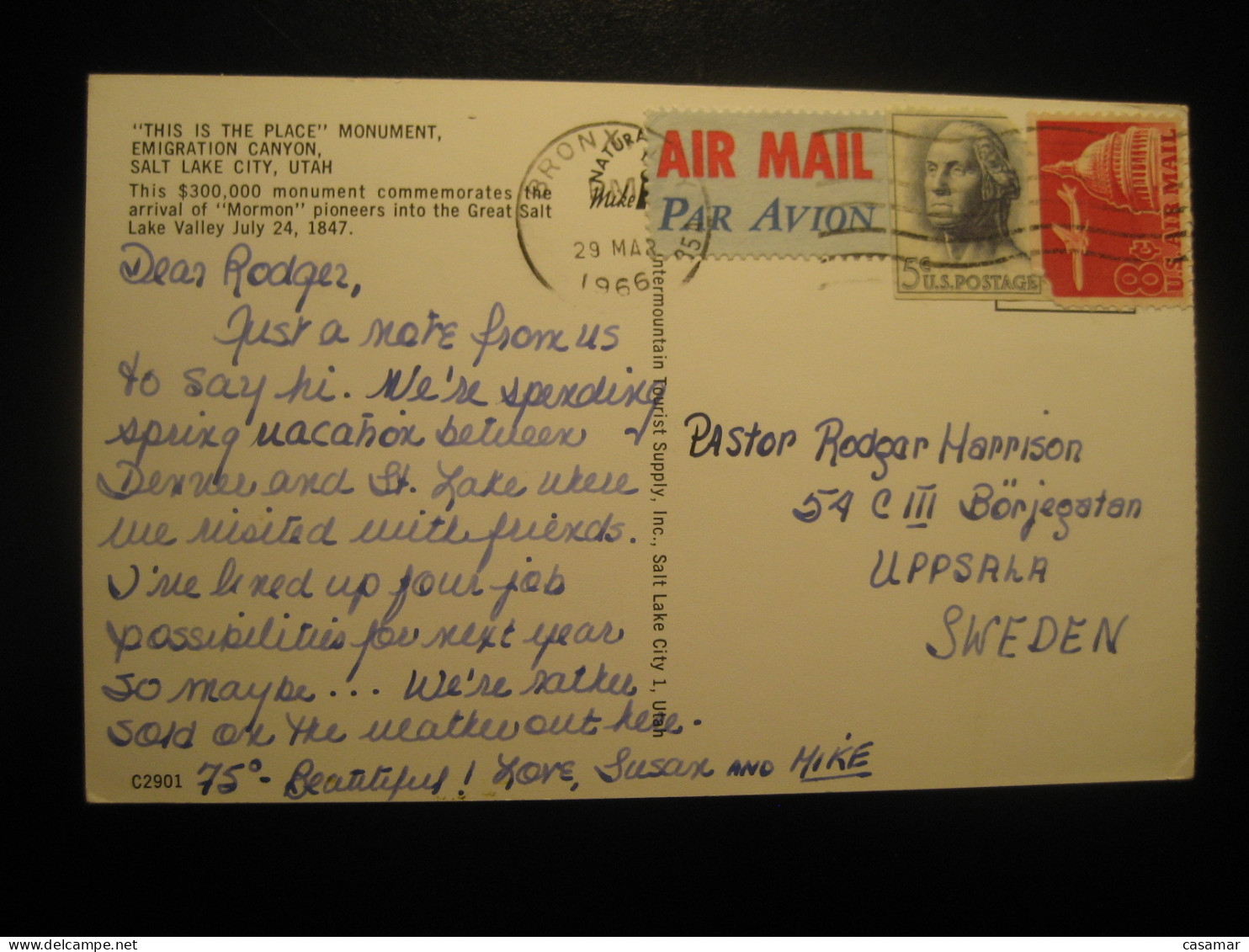 SALT LAKE CITY Utah Monument Emigration Canyon Cancel BRONX 1966 To Sweden Postcard USA - Salt Lake City